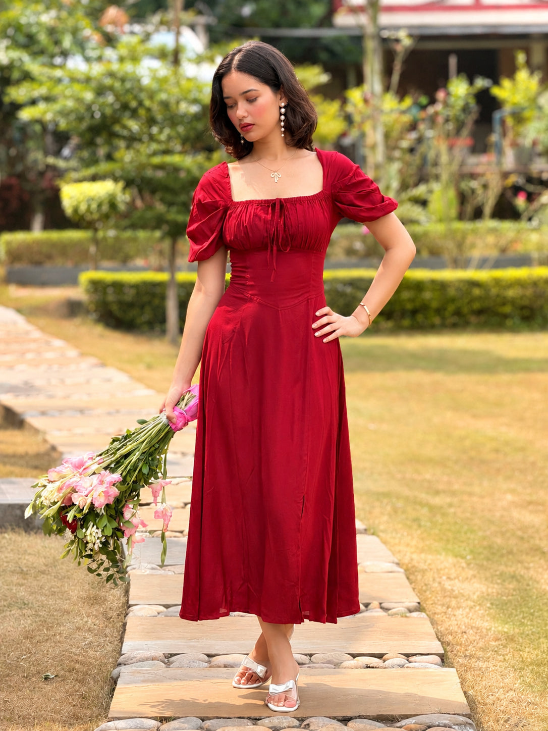 TANDUL Women Maroon Lace-Up Corset Milkmaid Midi Dress