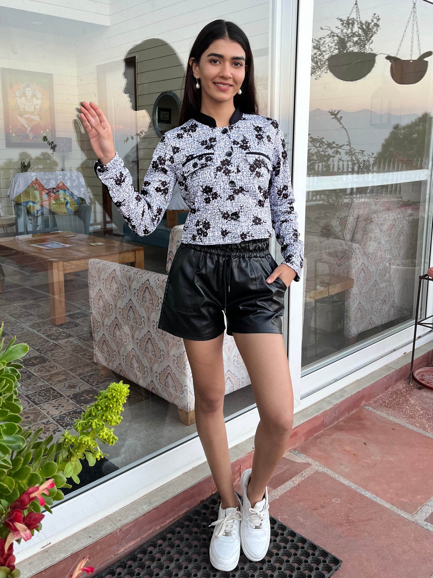 TANDUL Women Stunning Black and White Floral Print Jacket