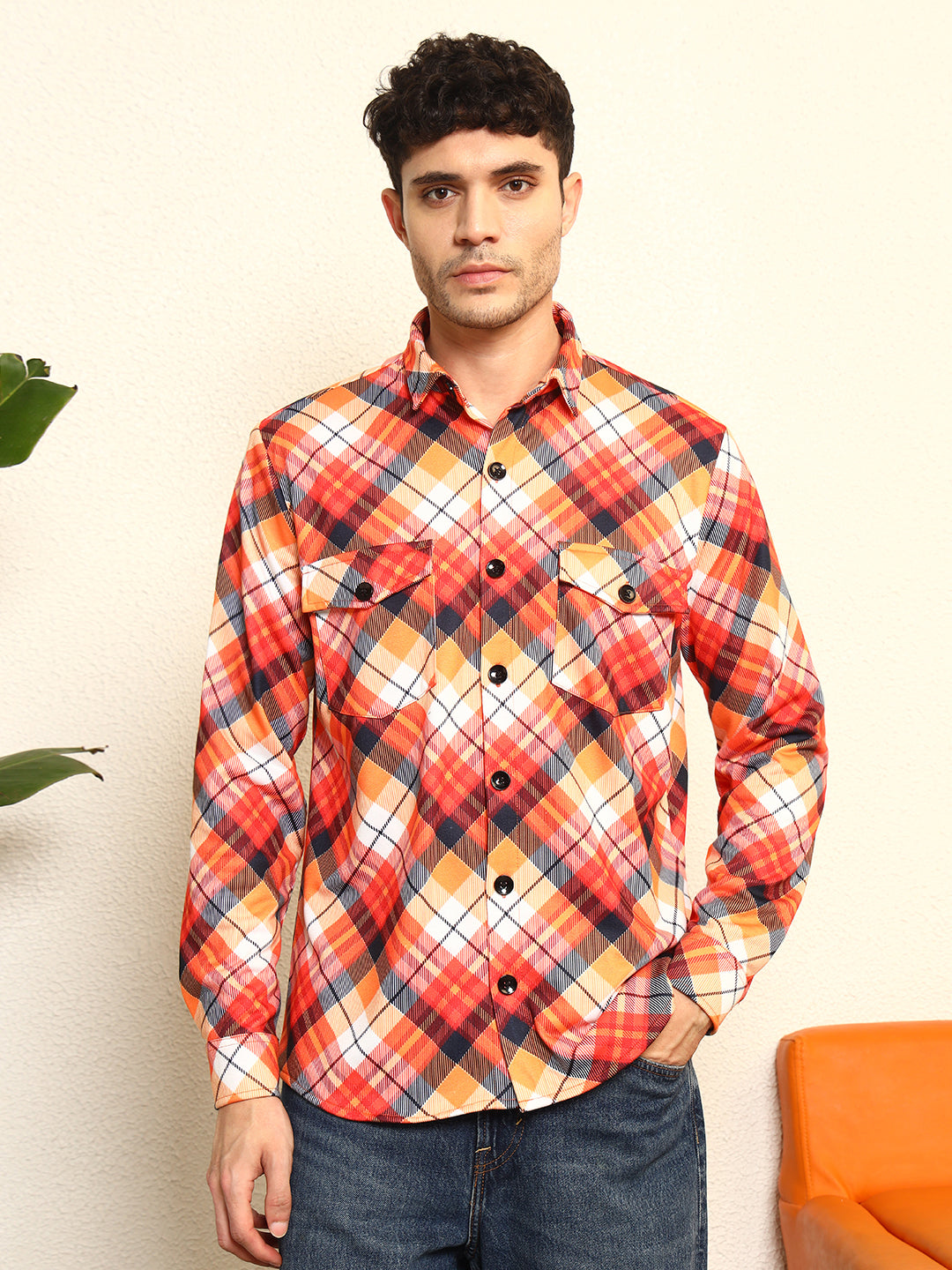 TANDUL Men's Striking Orange and Black Plaid Printed Shaket