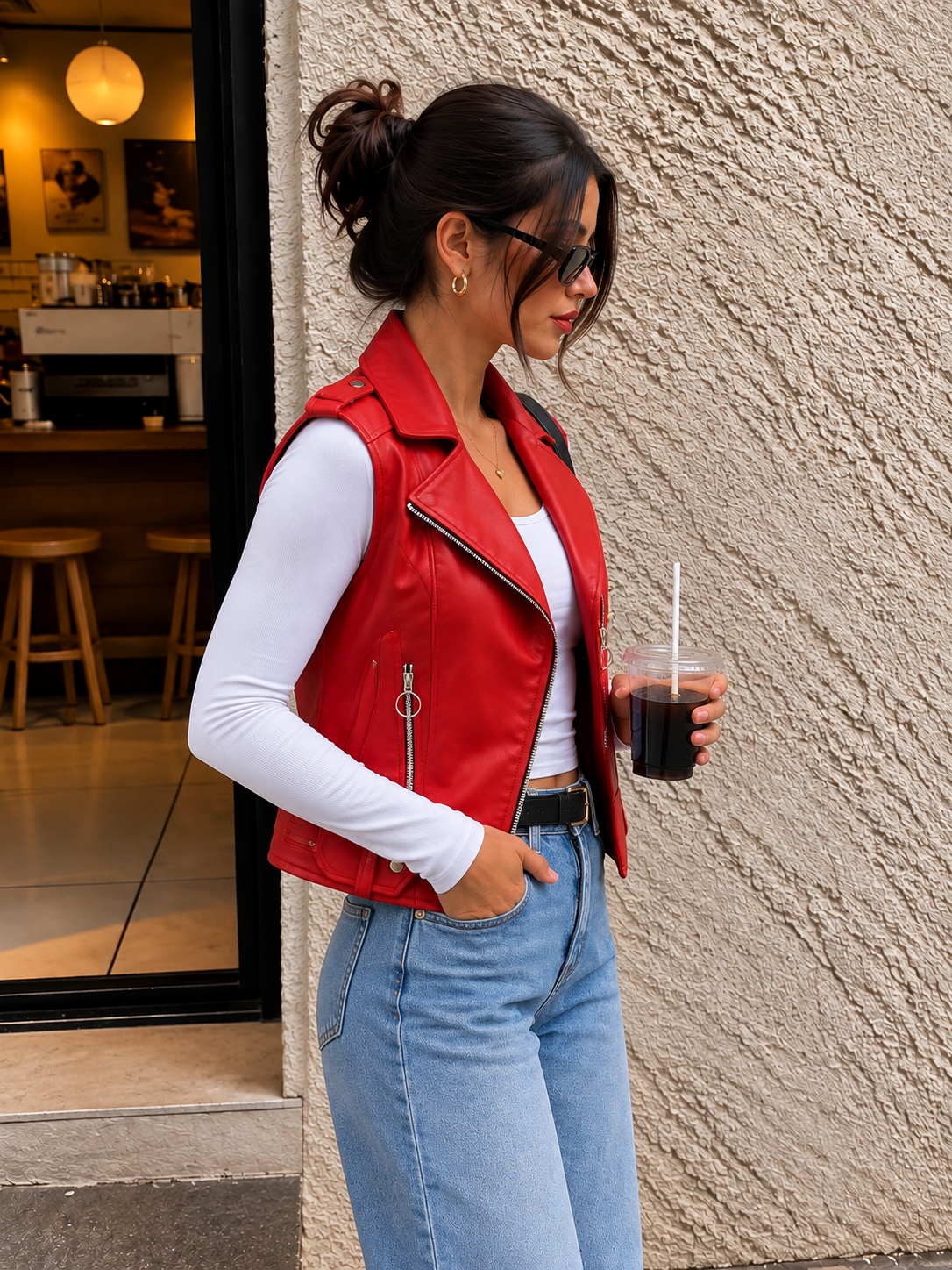 TANDUL Women Vibrant Red Sleeveless Faux Leather Jacket