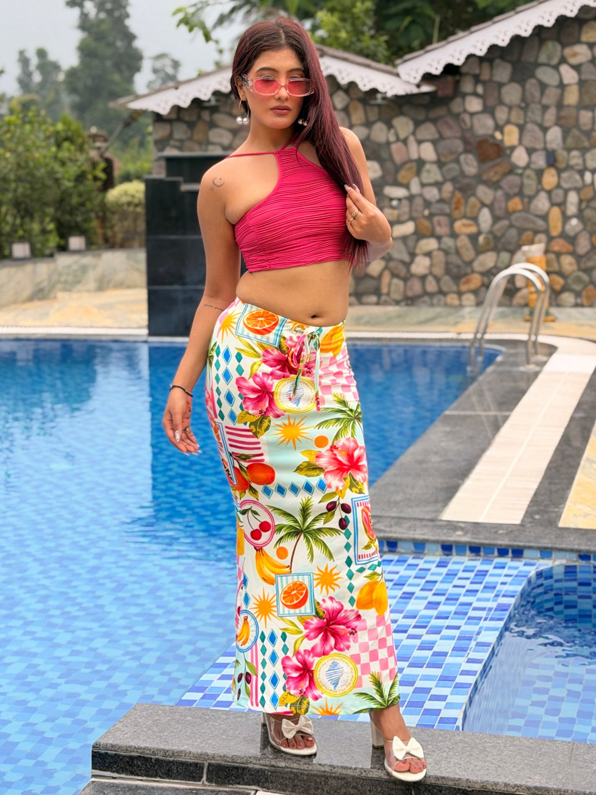 TANDUL Women Tropical Medallion Print Tie-Waist Maxi Skirt