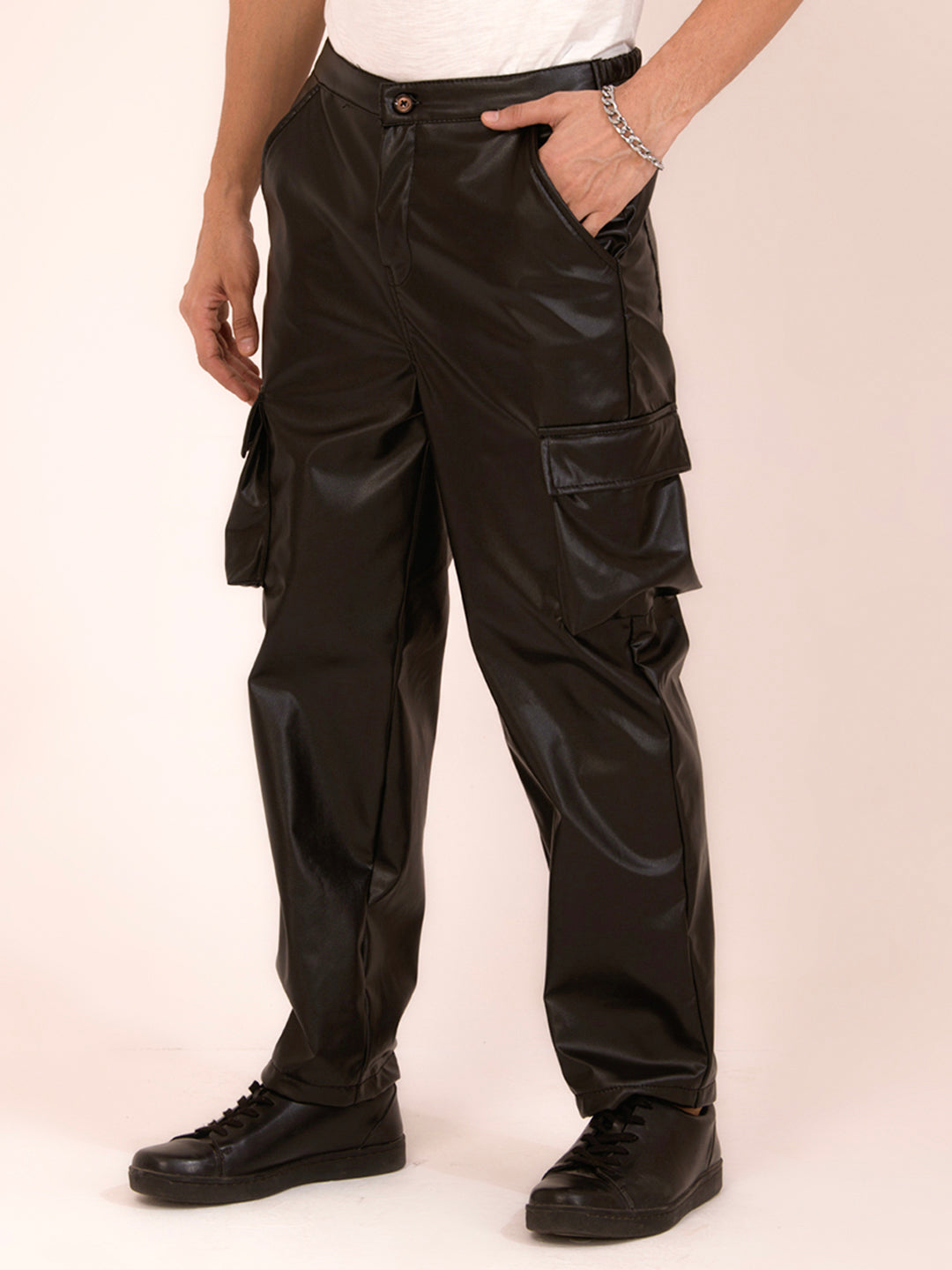 TANDUL  Men Regular Fit Brown Faux Leather Trousers