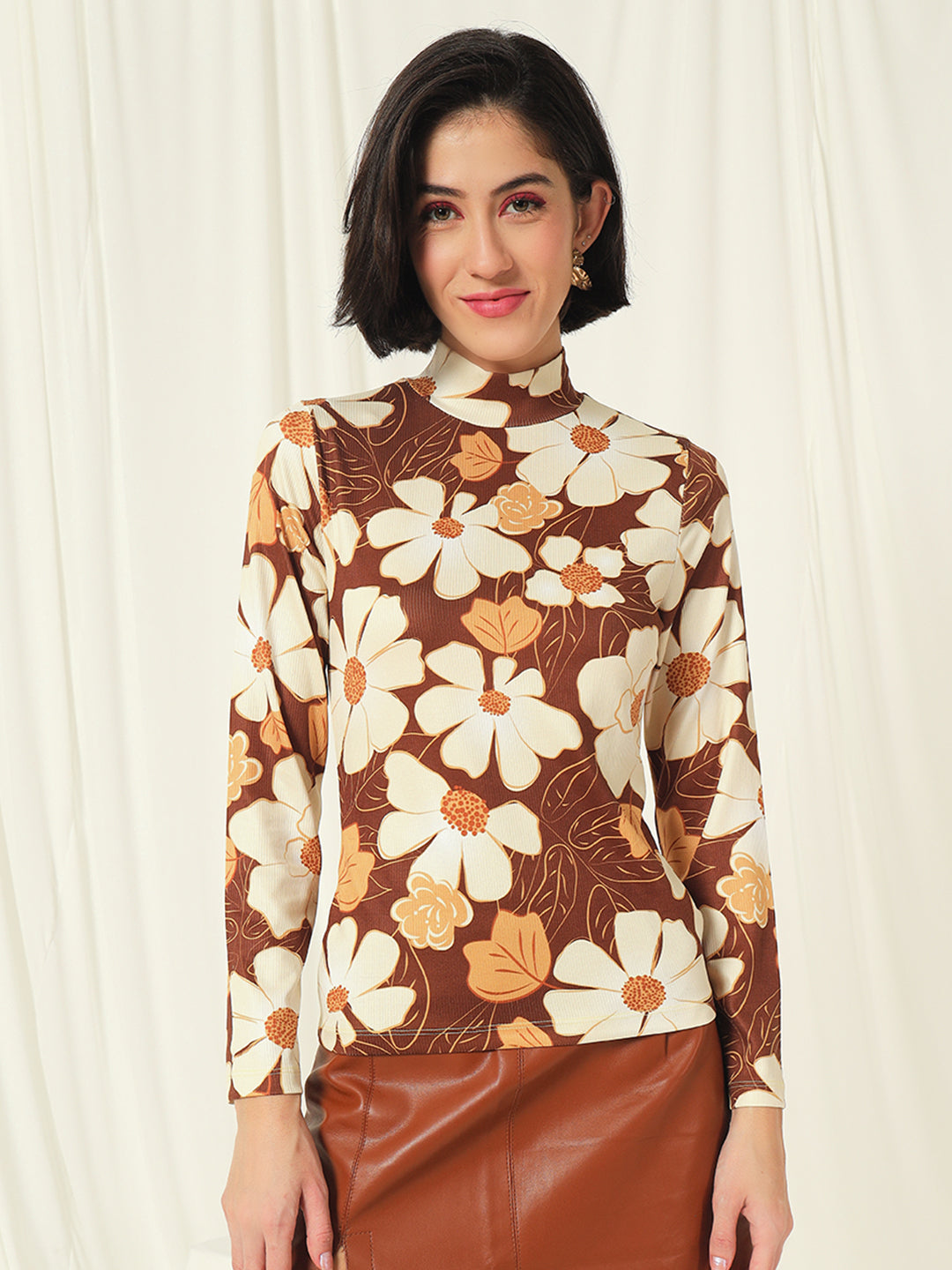 TANDUL  Women Floral Print High Neck Brown Sweater