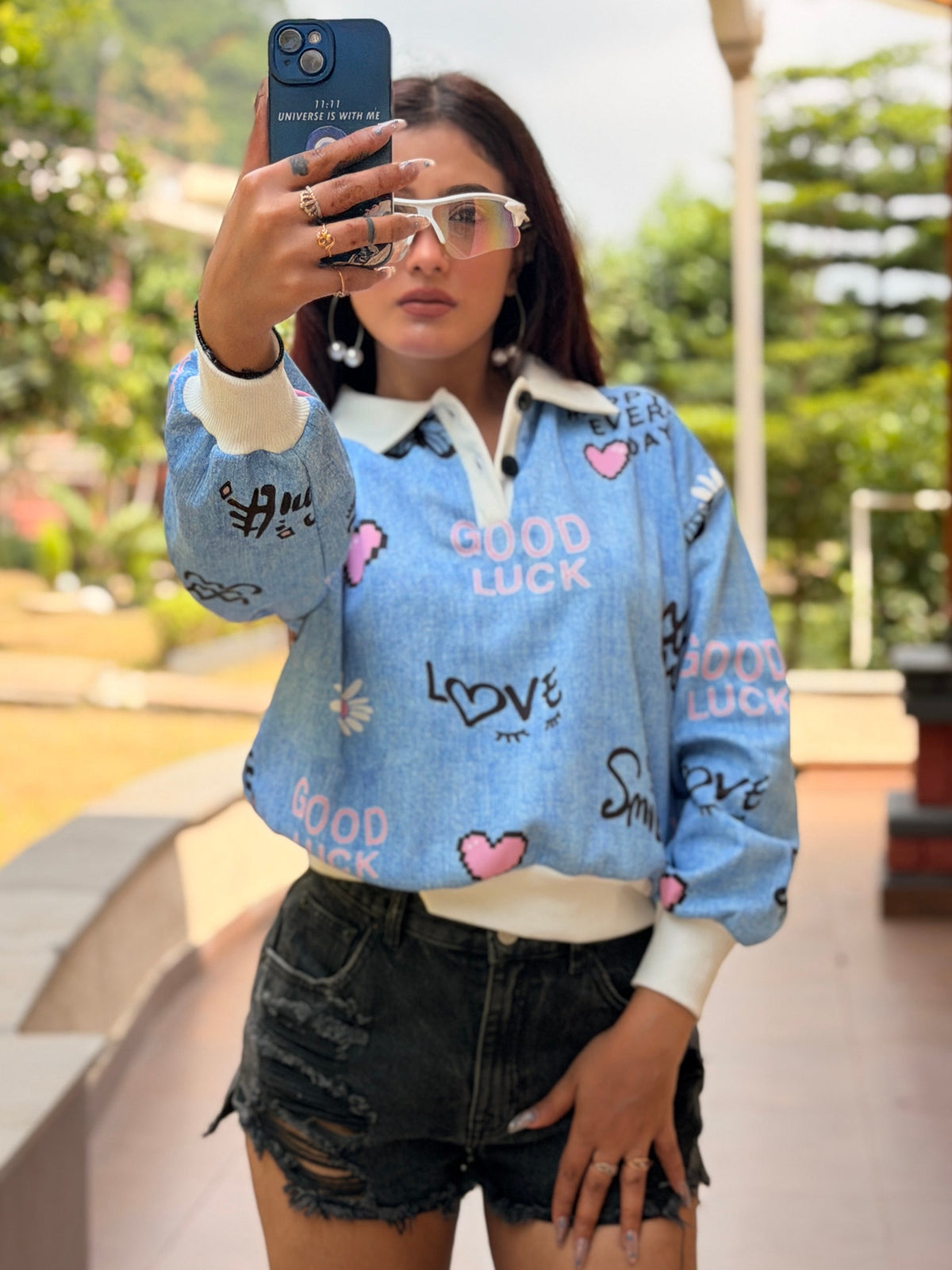 TANDUL Women Light Blue Denim-Print Polo Sweatshirt