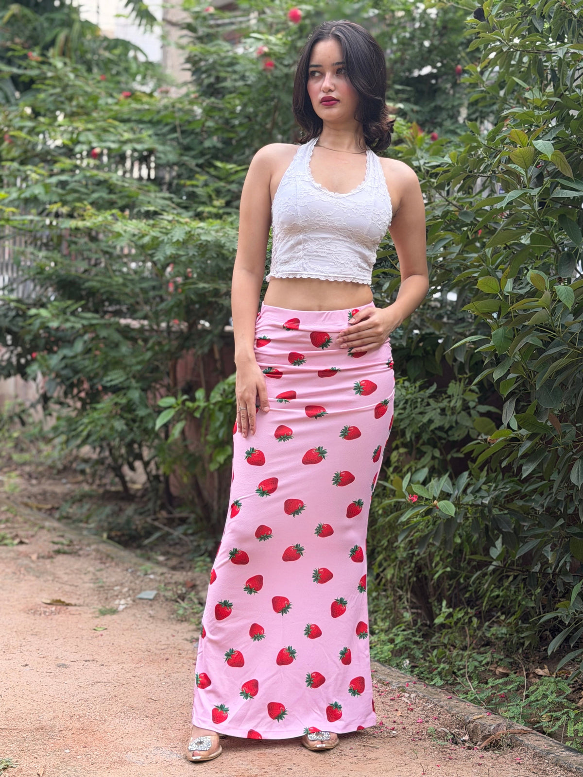 TANDUL Women Pastel Pink Strawberry Bodycon Maxi Skirt