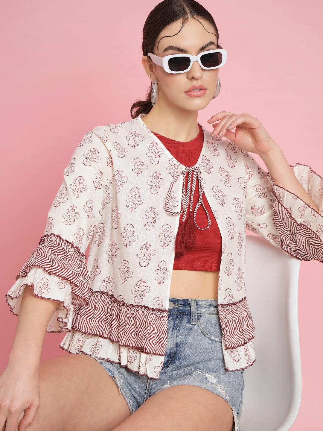 Casual Bell Sleeves Printed Women Multicolor Top