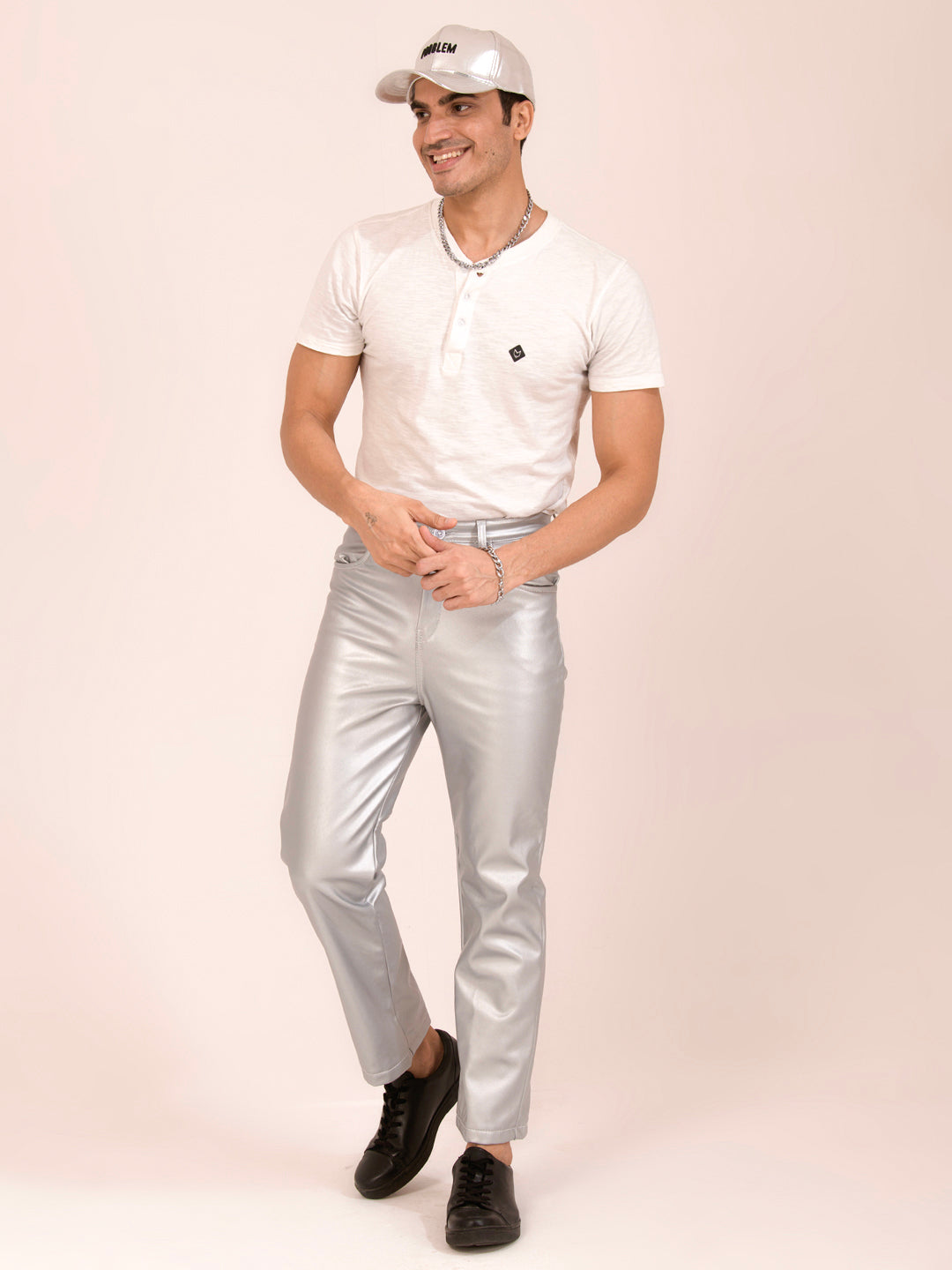 TANDUL  Men Regular Fit Silver Faux Leather Trousers