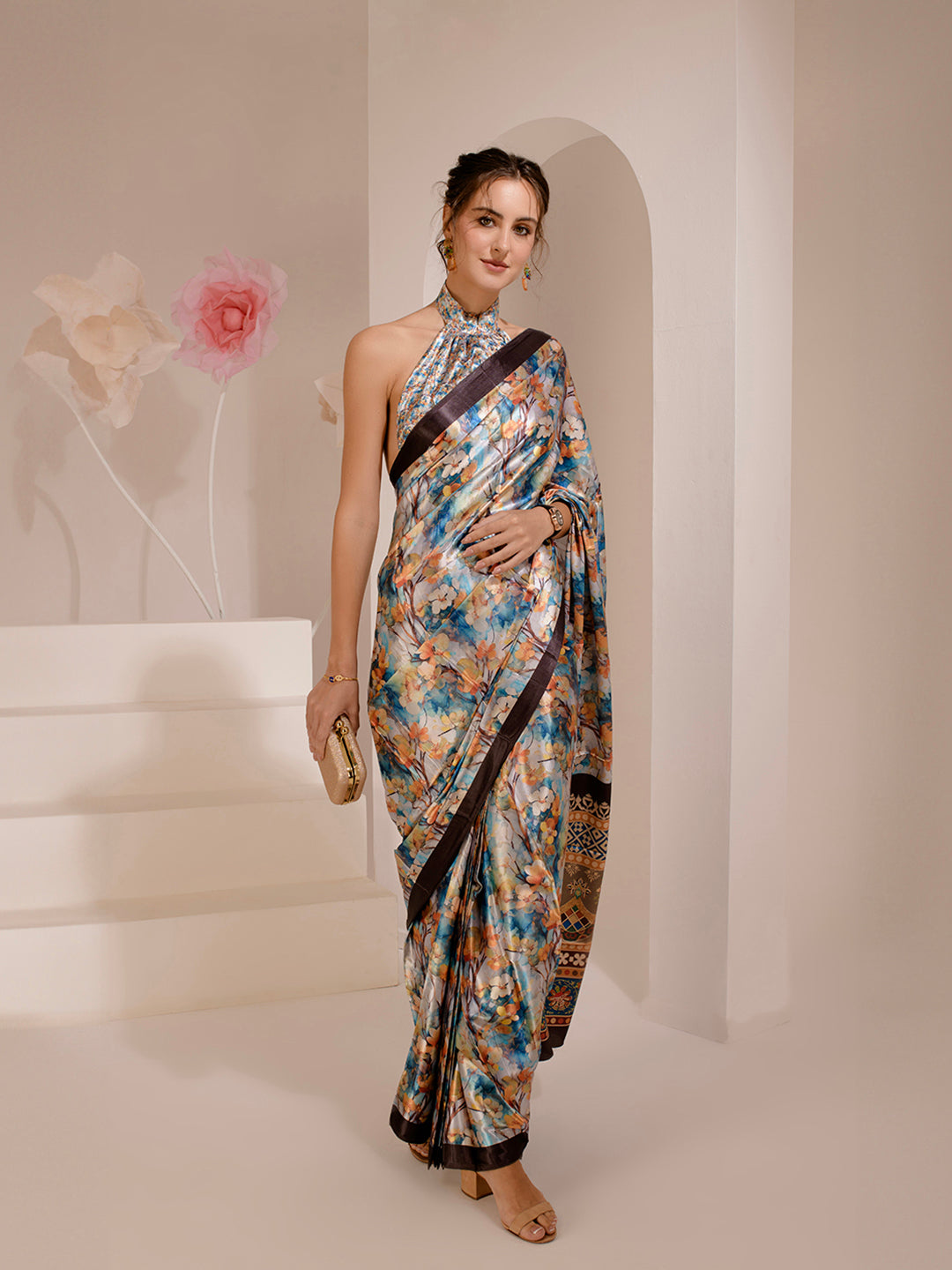 ELTIRE Floral Print Bollywood Satin Saree (Multicolor)