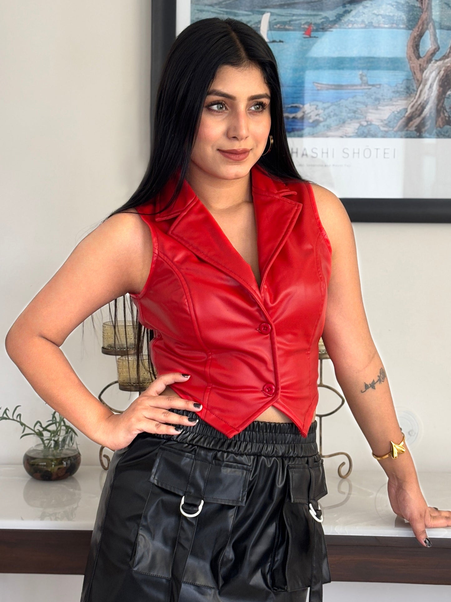 TANDUL Women Red Leather Waistcoat