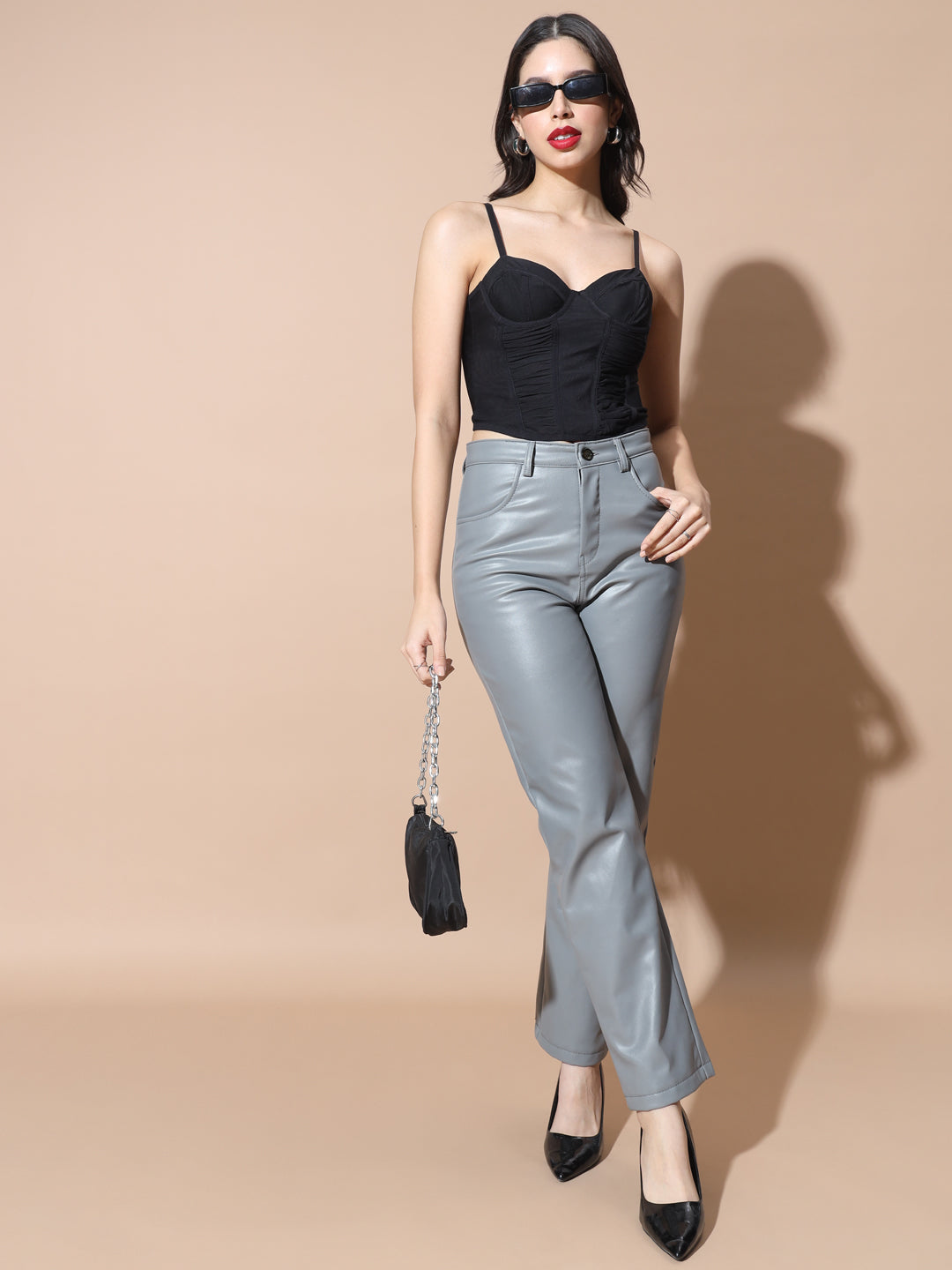 TANDUL Women Regular Fit Grey Faux Leather Trousers