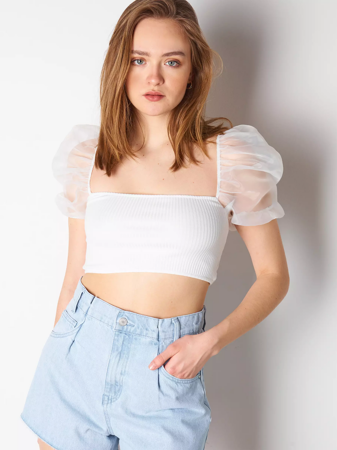 Casual Puff Sleeves Solid Women White Top