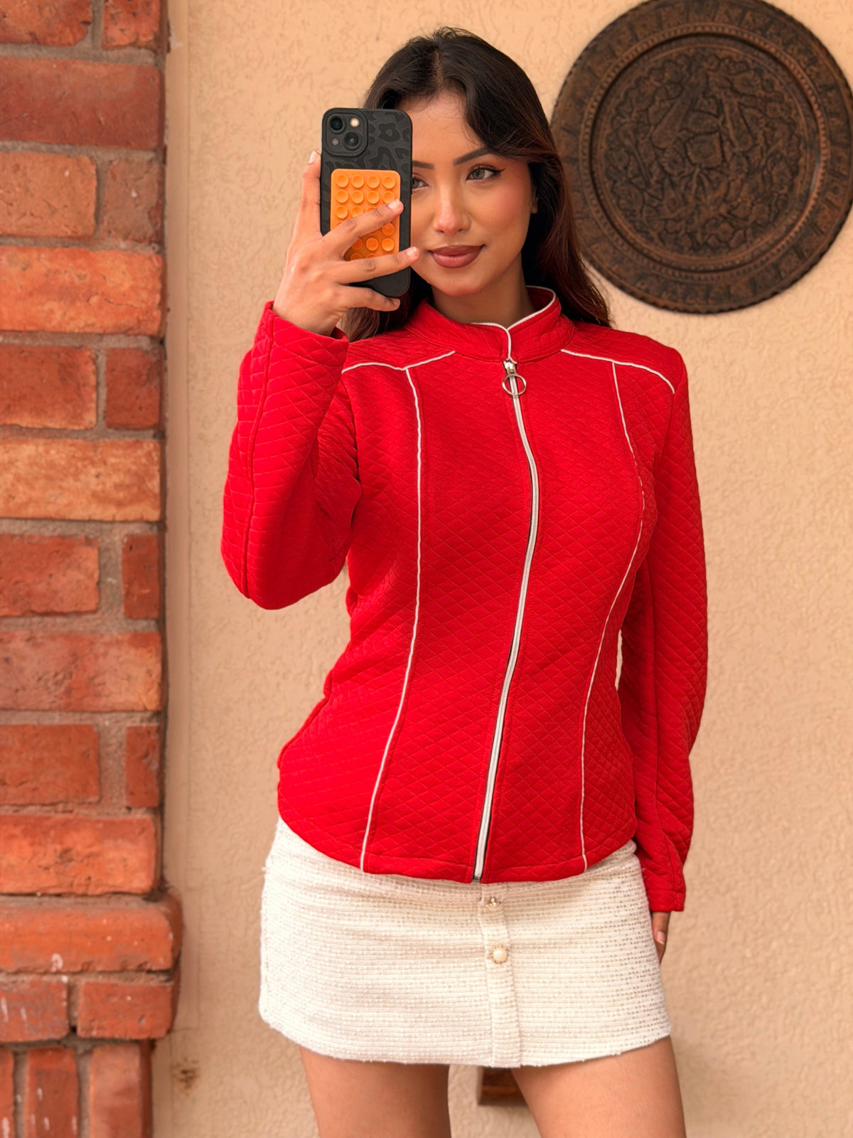 TANDUL Women Quilted Diamond-Stitch Red Zip-Up Jacket