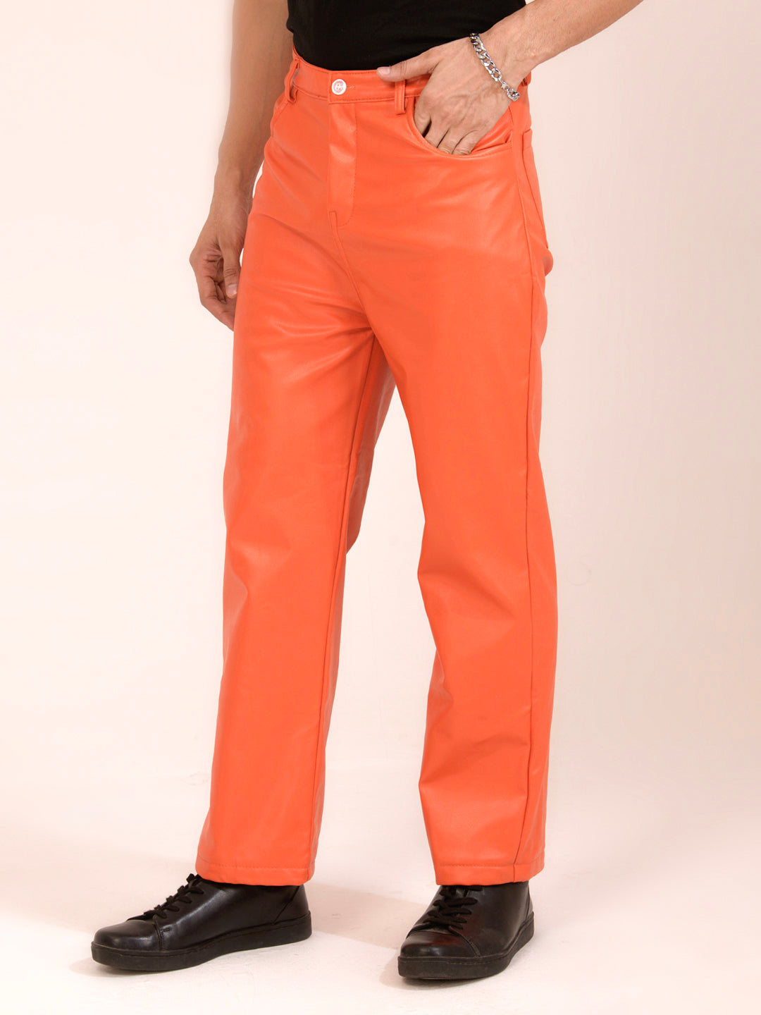 TANDUL  Men Regular Fit Orange Faux Leather Trousers