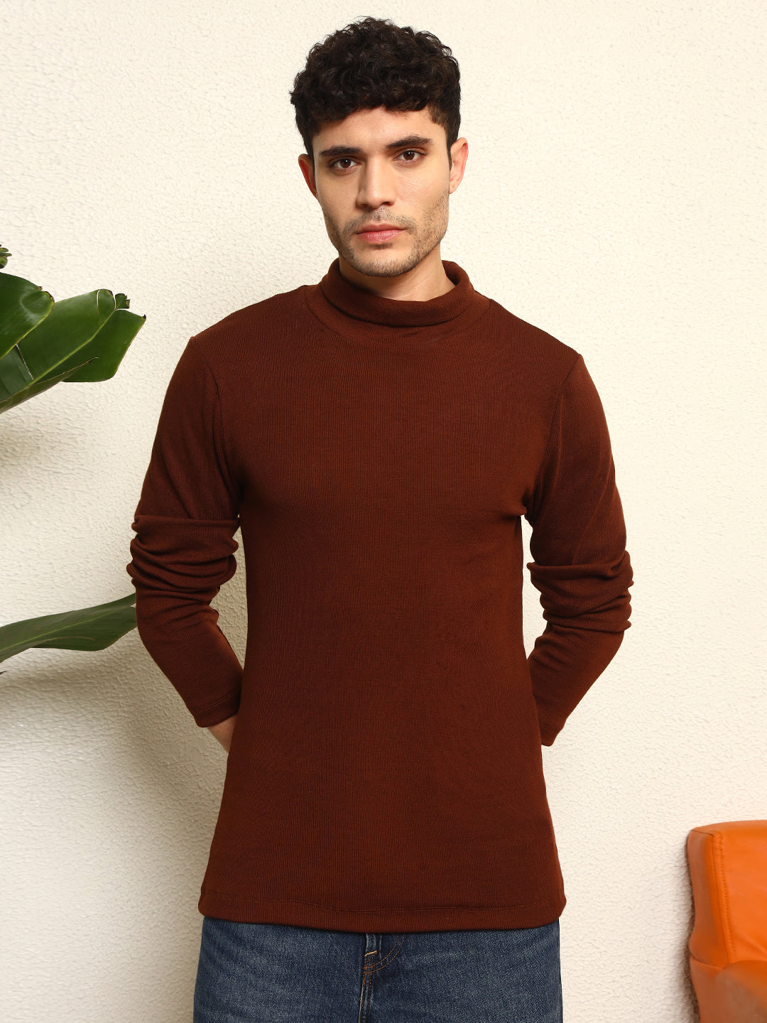 TANDUL Men's Solid Brown Highneck