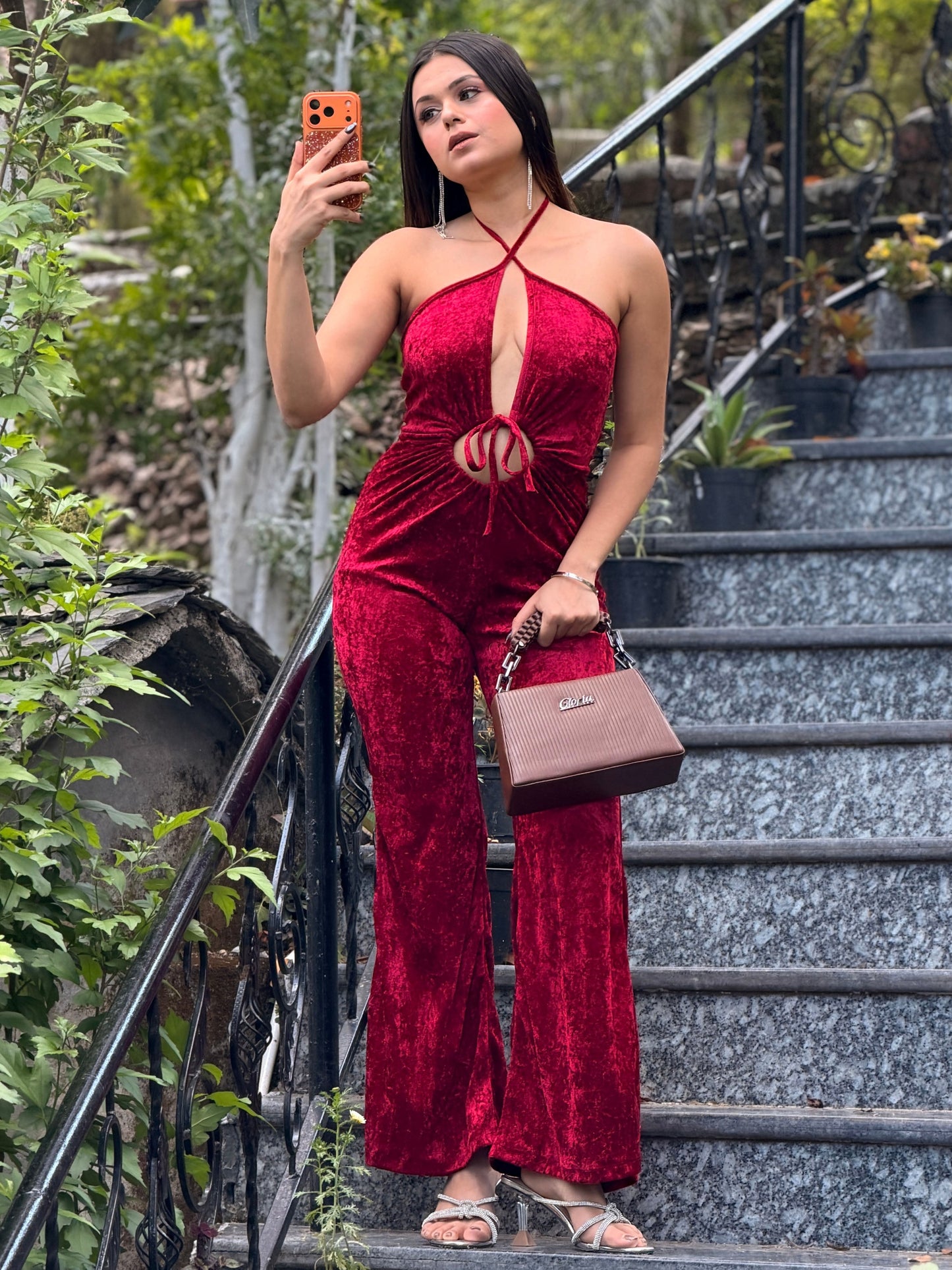 TANDUL Women Elegant Maroon Velvet Jumpsuit