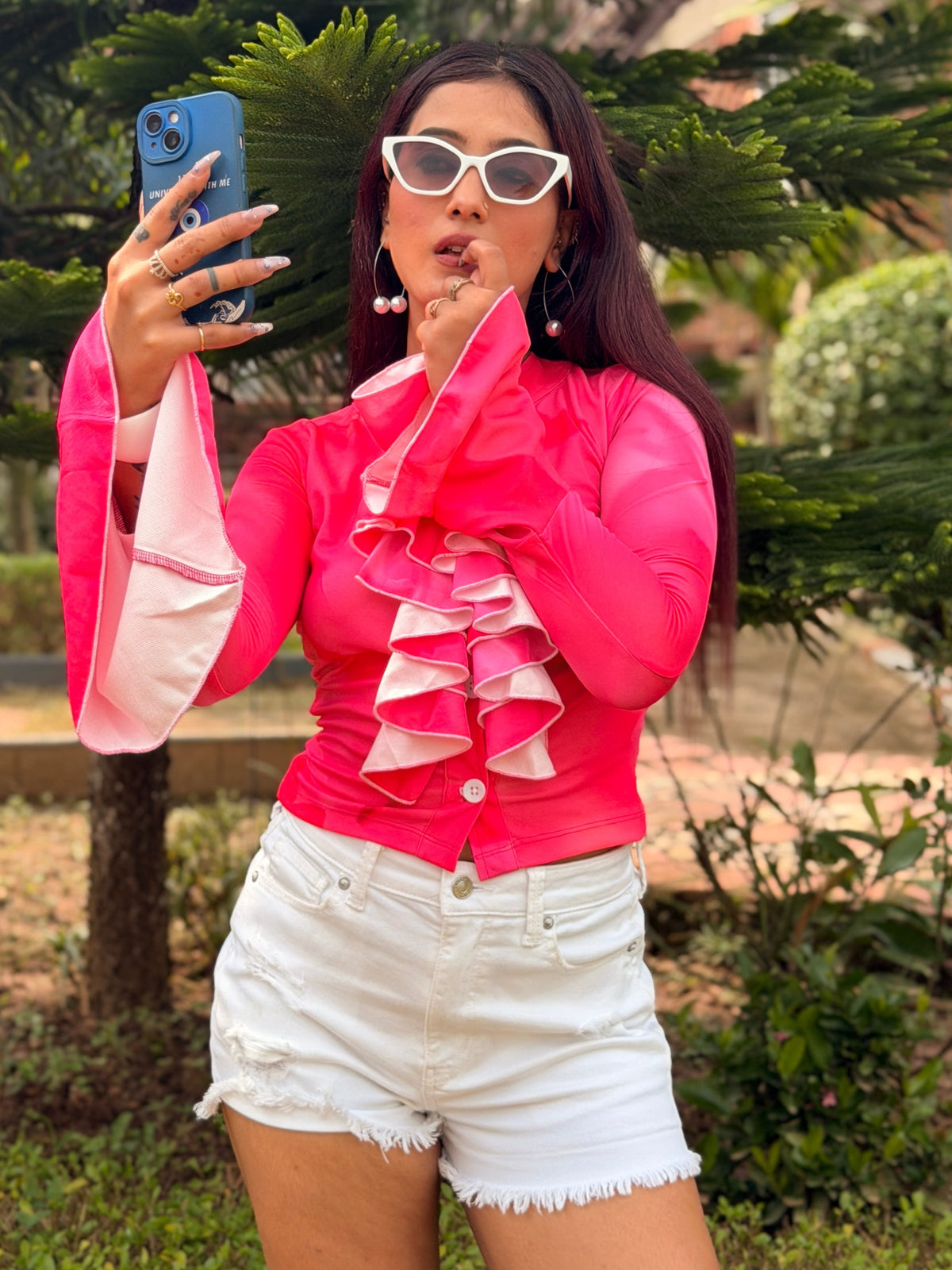 TANDUL Women Pink Tie-Dye Ruffle Button-Down Top with Bell Sleeves
