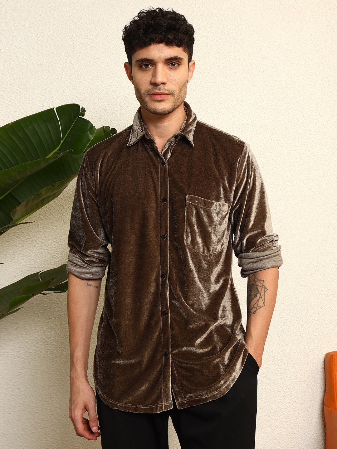 TANDUL Mens's Alluring Grey Velvet Shirt