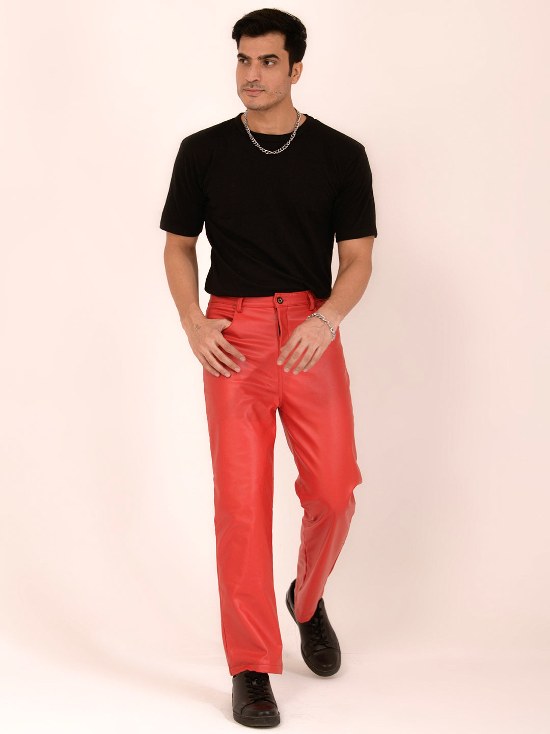 TANDUL  Men Regular Fit Red Faux Leather Trousers