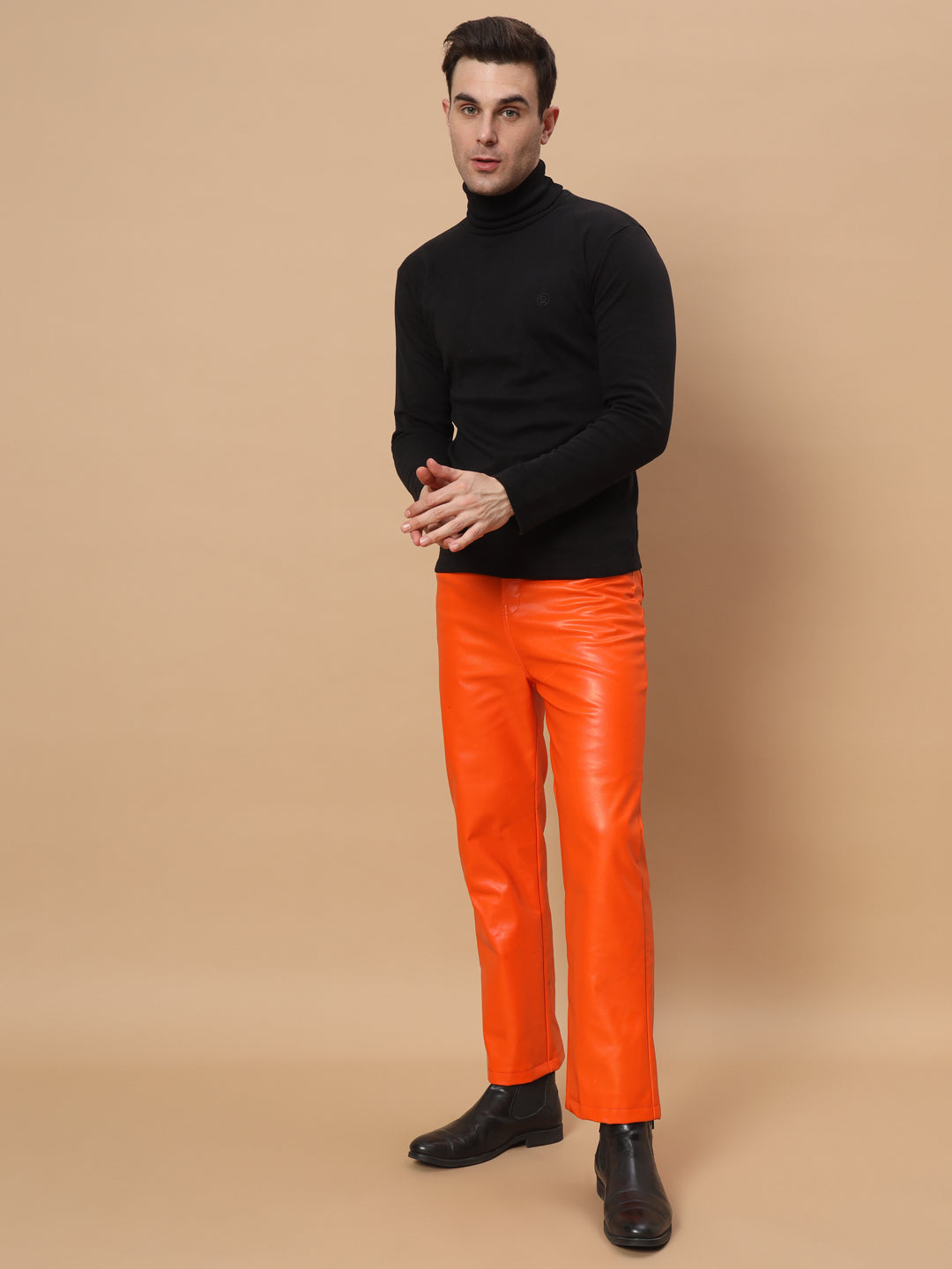 TANDUL  Men Regular Fit Orange Faux Leather Trousers