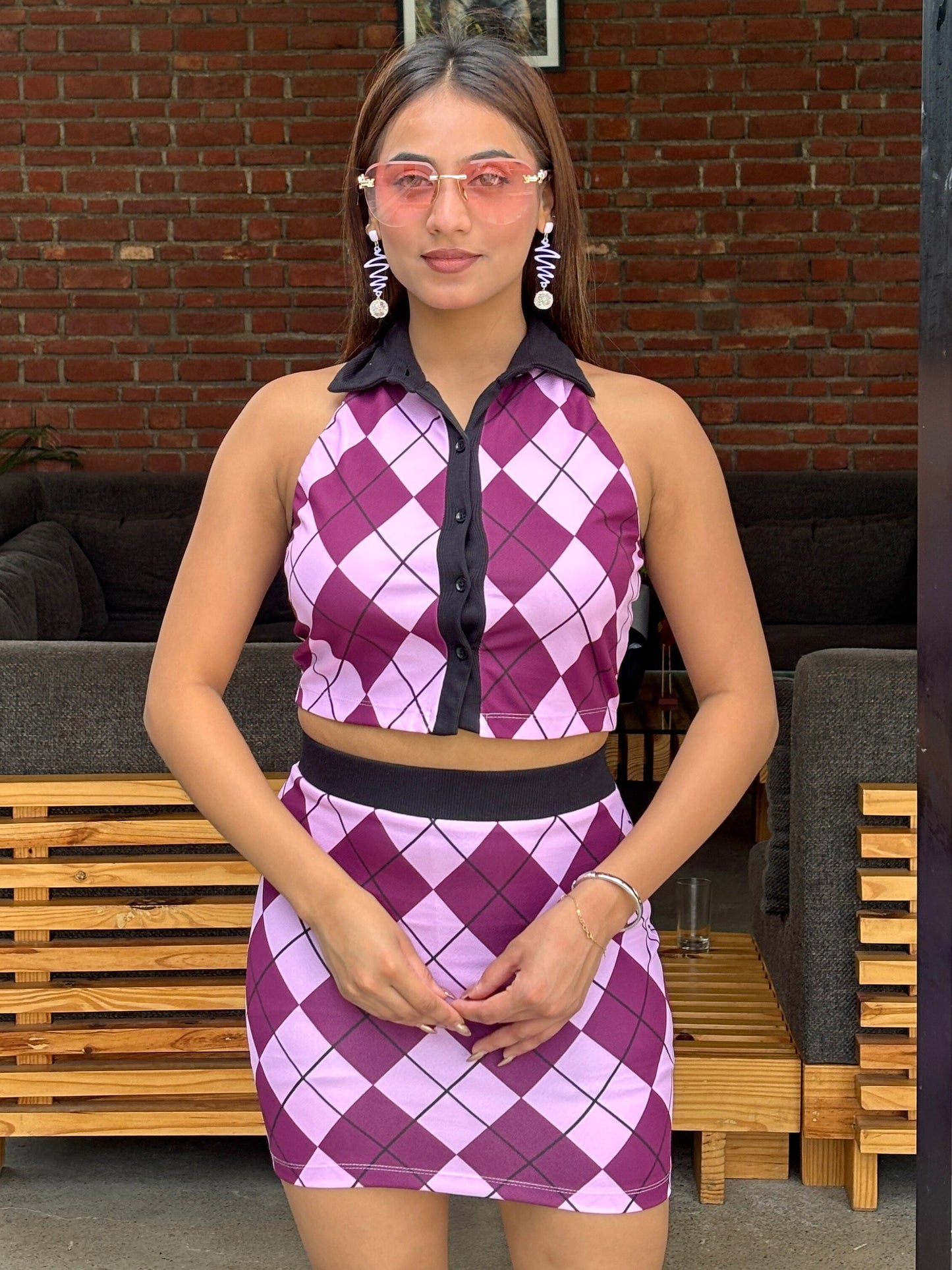 TANDUL Women Pink and Black Argyle Patterned Co-ord Set