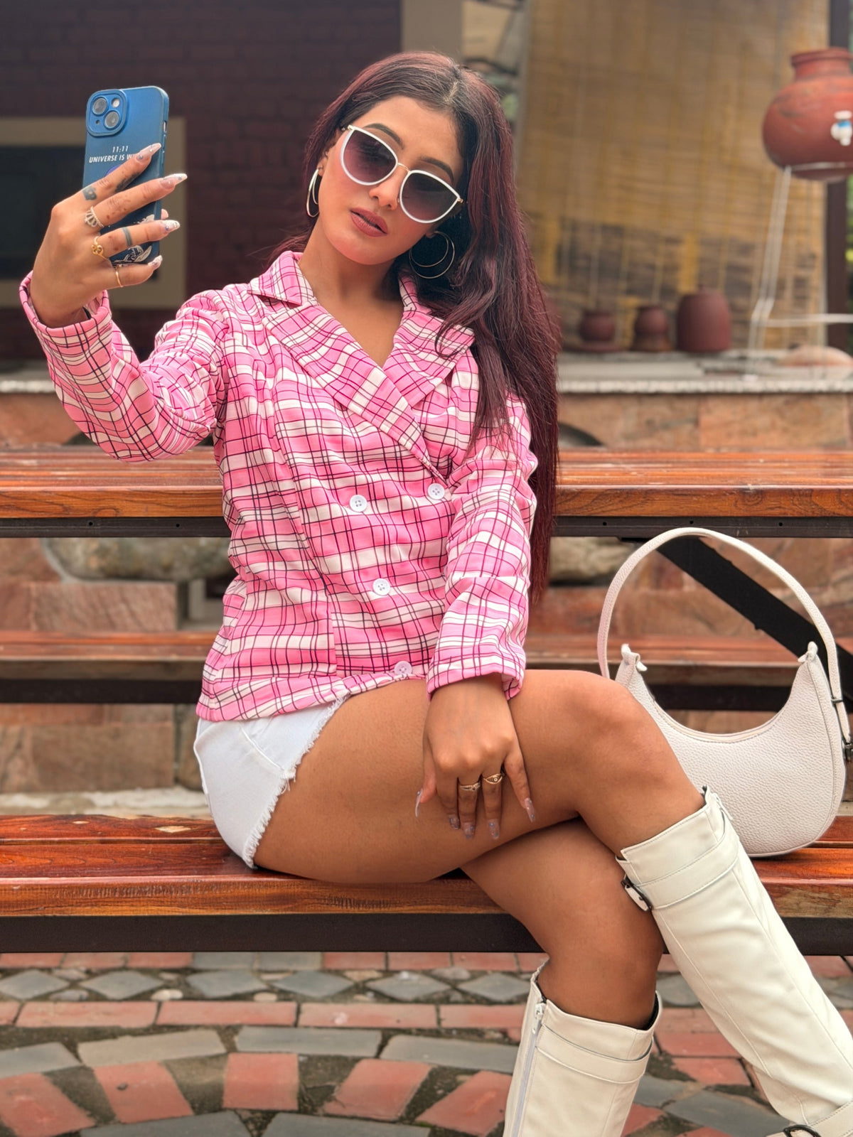 TANDUL Women Pink and White Plaid Double-Breasted Blazer