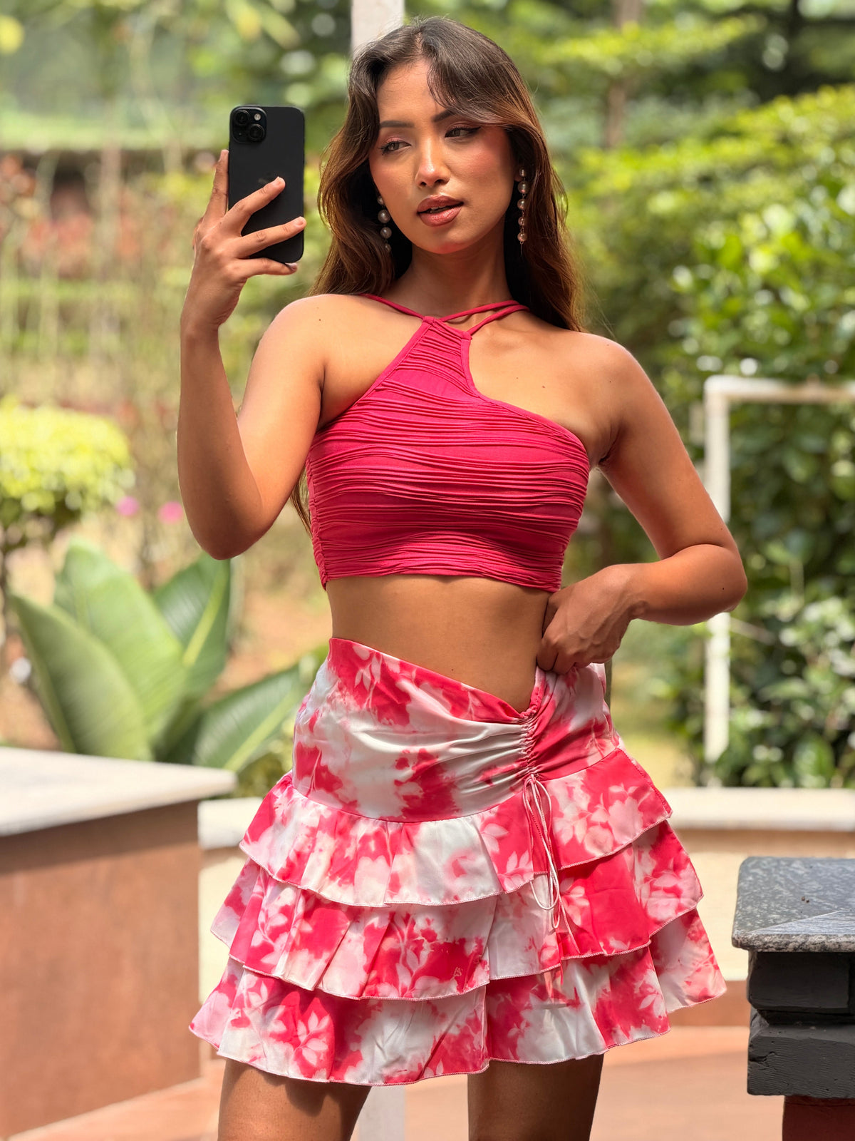 TANDUL Women Fuchsia Pink Tie-Dye Ruffle Mini Skirt