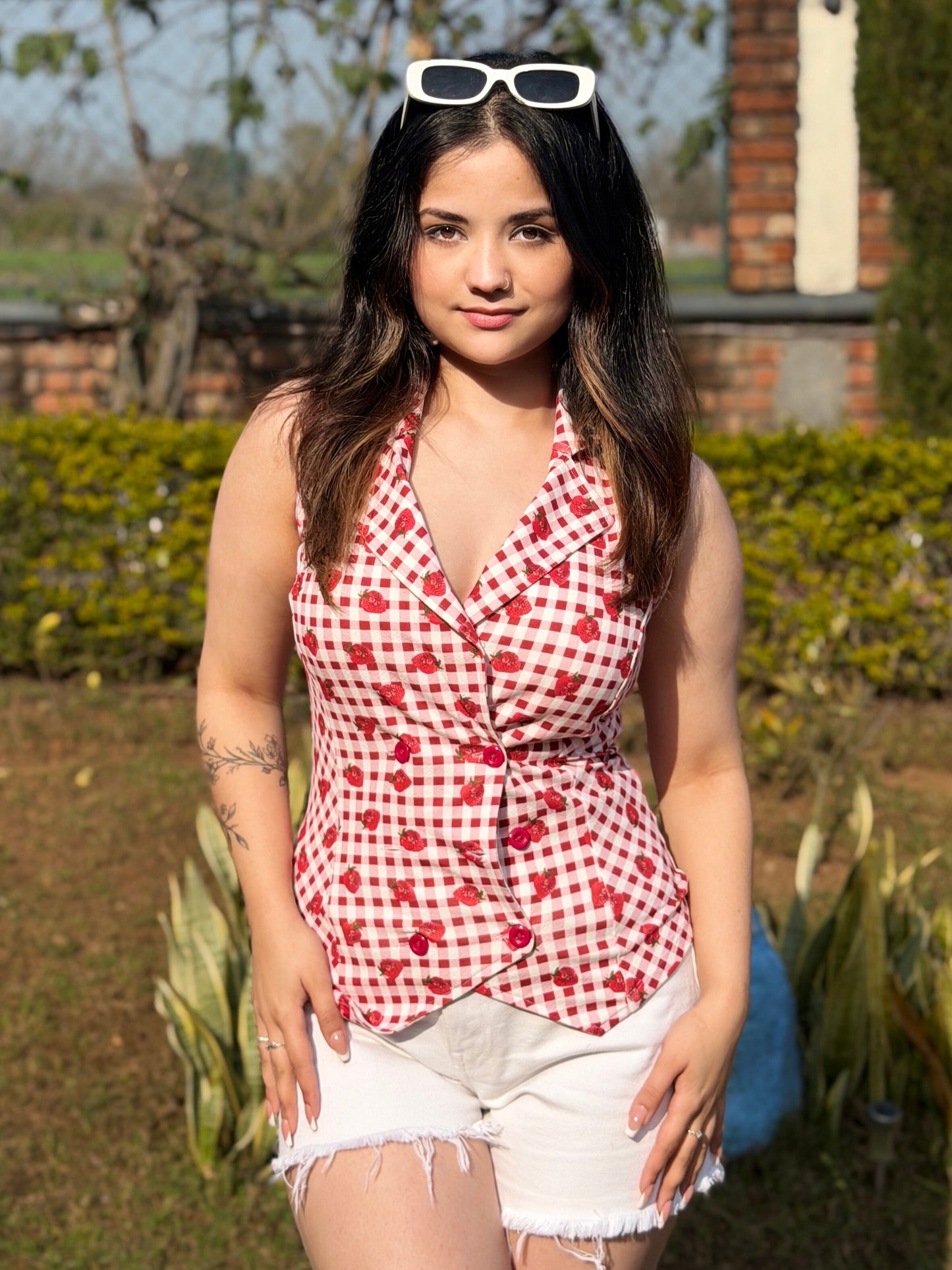 TANDUL Red and White Checkered Waistcoat