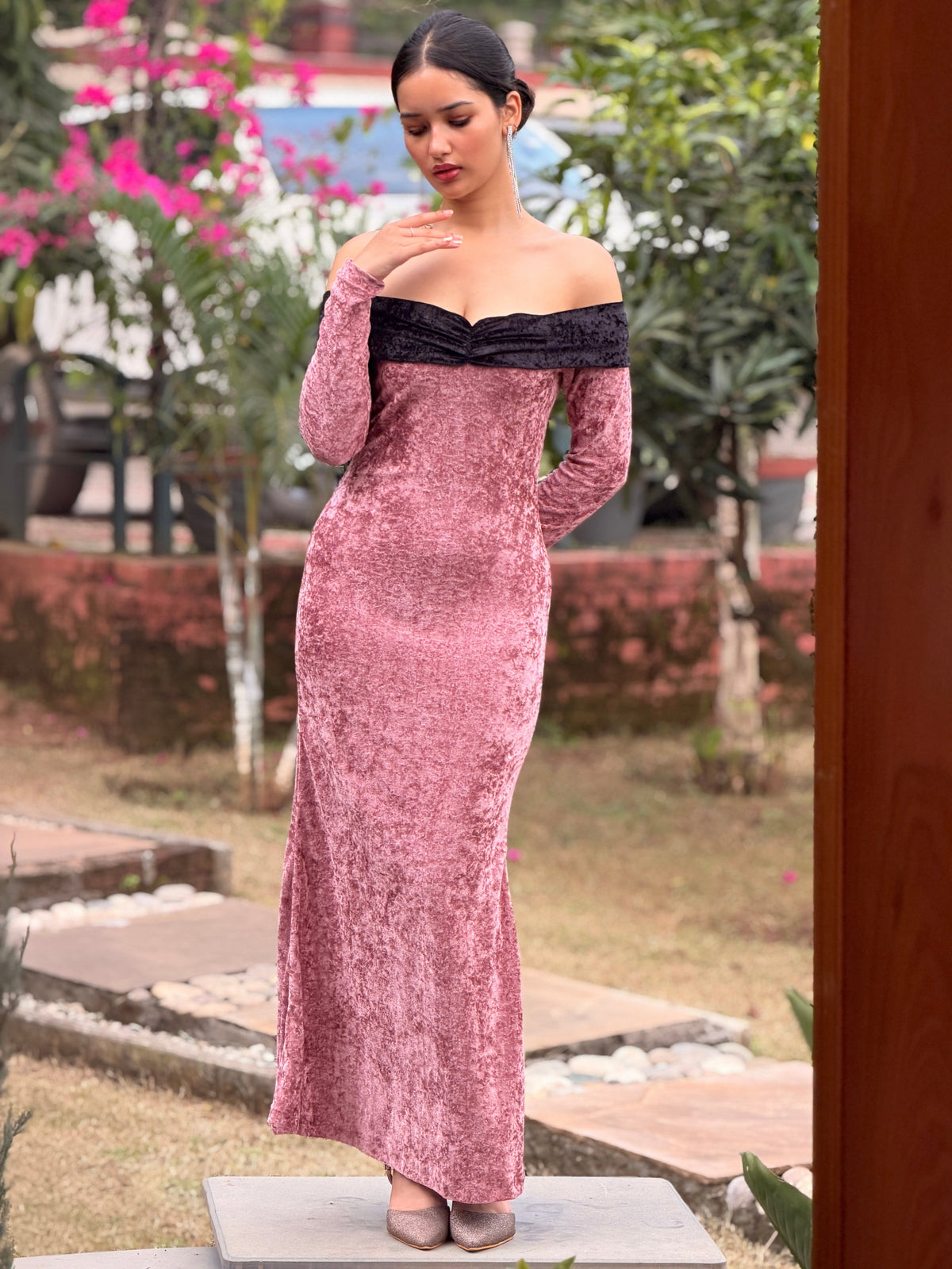TANDUL Women Rose Gold Velvet Off-Shoulder Maxi Dress
