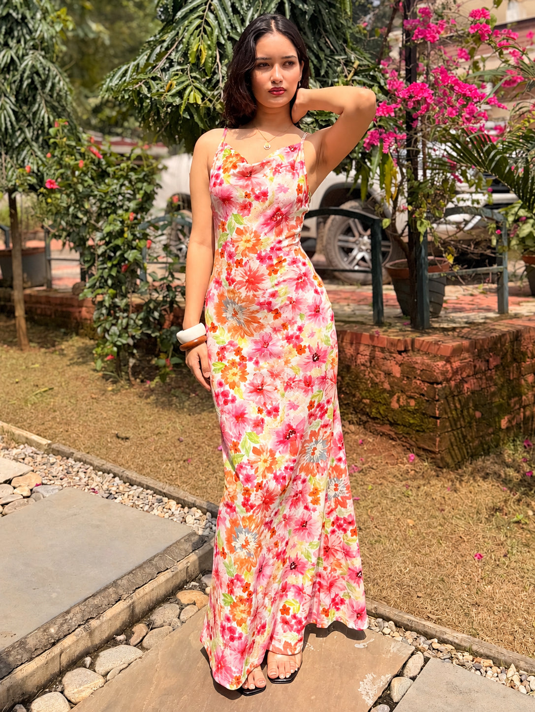 TANDUL Women Floral Print Cowl Neck Maxi Dress