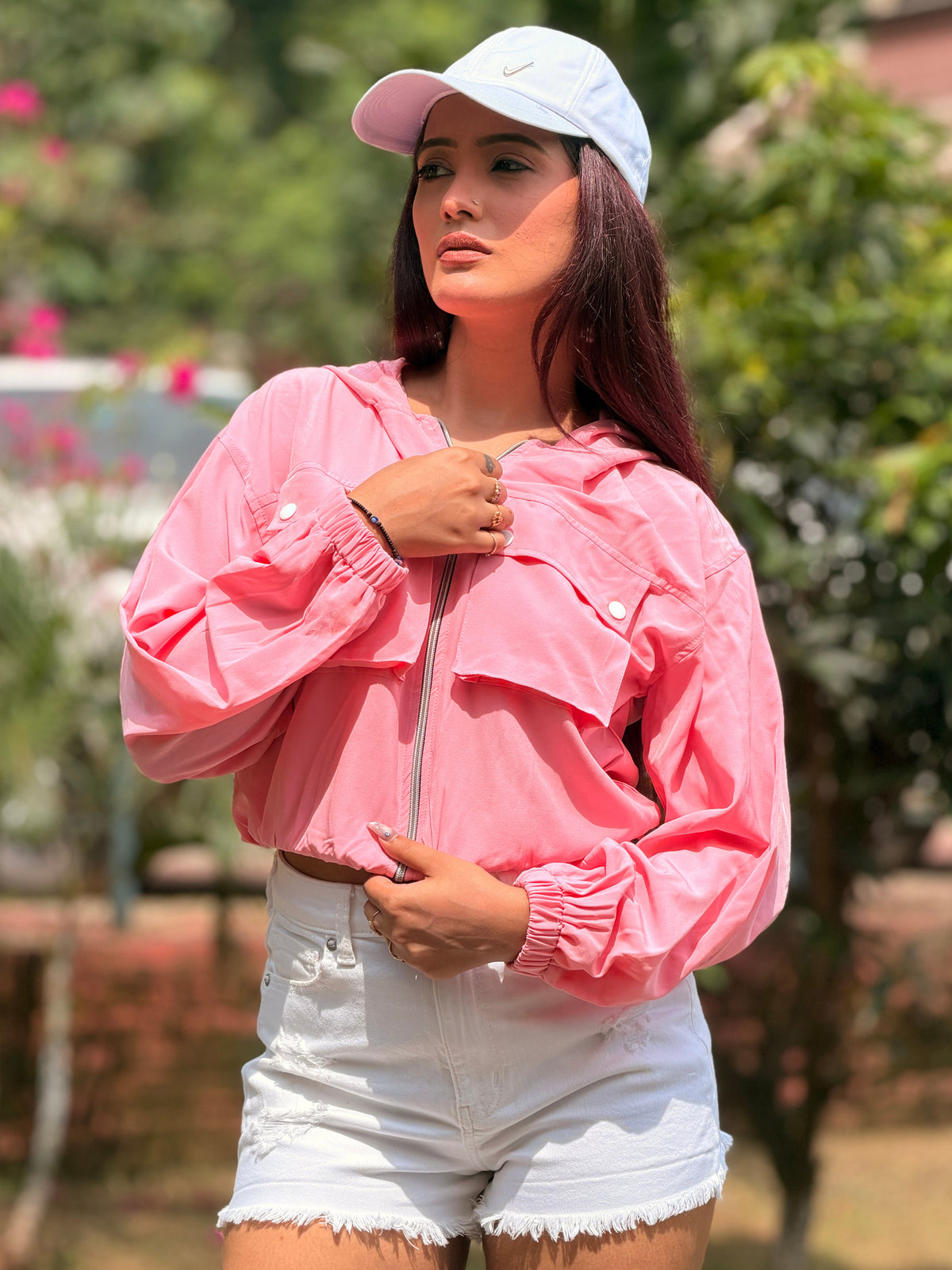 TANDUL Women’s Pink Summer Utility Jacket with Hood and Cargo Pockets