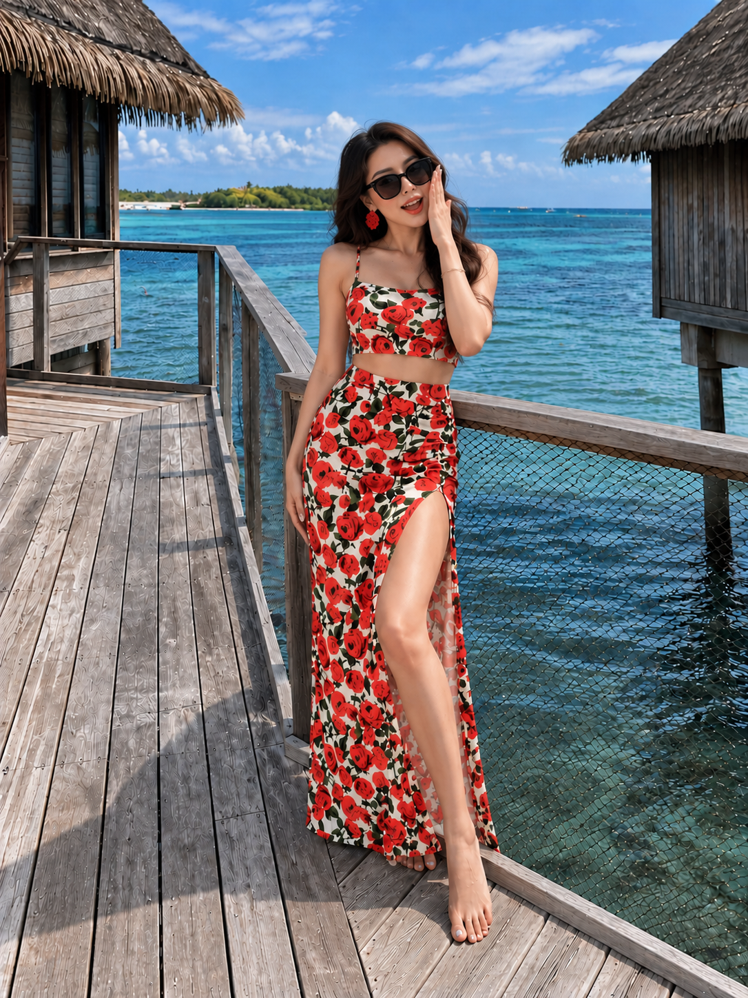 TANDUL Womekn Red Rose Print Crop Top & Ruched High-Slit Maxi Skirt Set