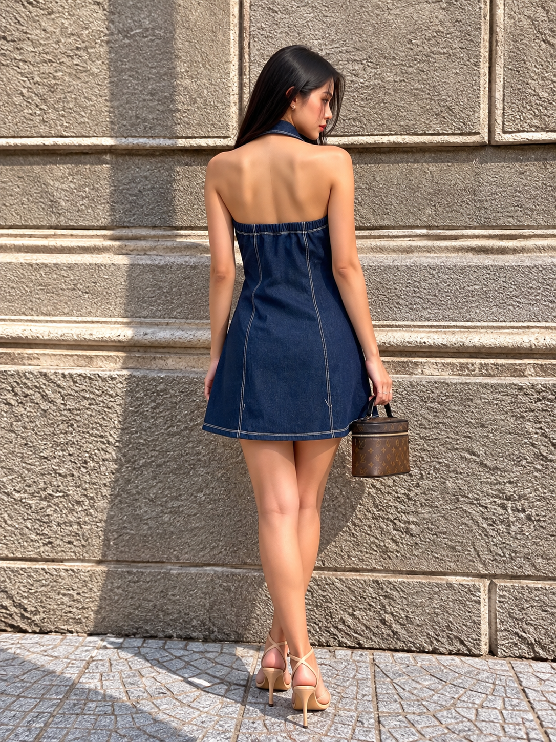 TANDUL Women Halter-Neck Button-Up Denim Mini Dress