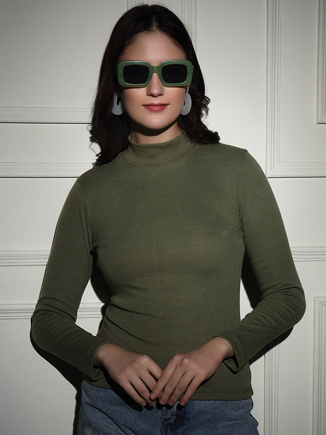 TANDUL  Women Solid High Neck Green Sweater