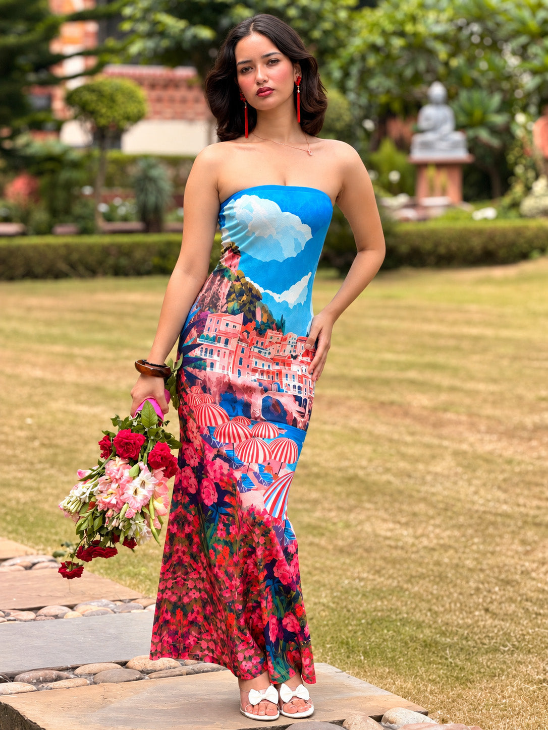TANDUL Women Amalfi Coast Landscape Strapless Maxi Dress
