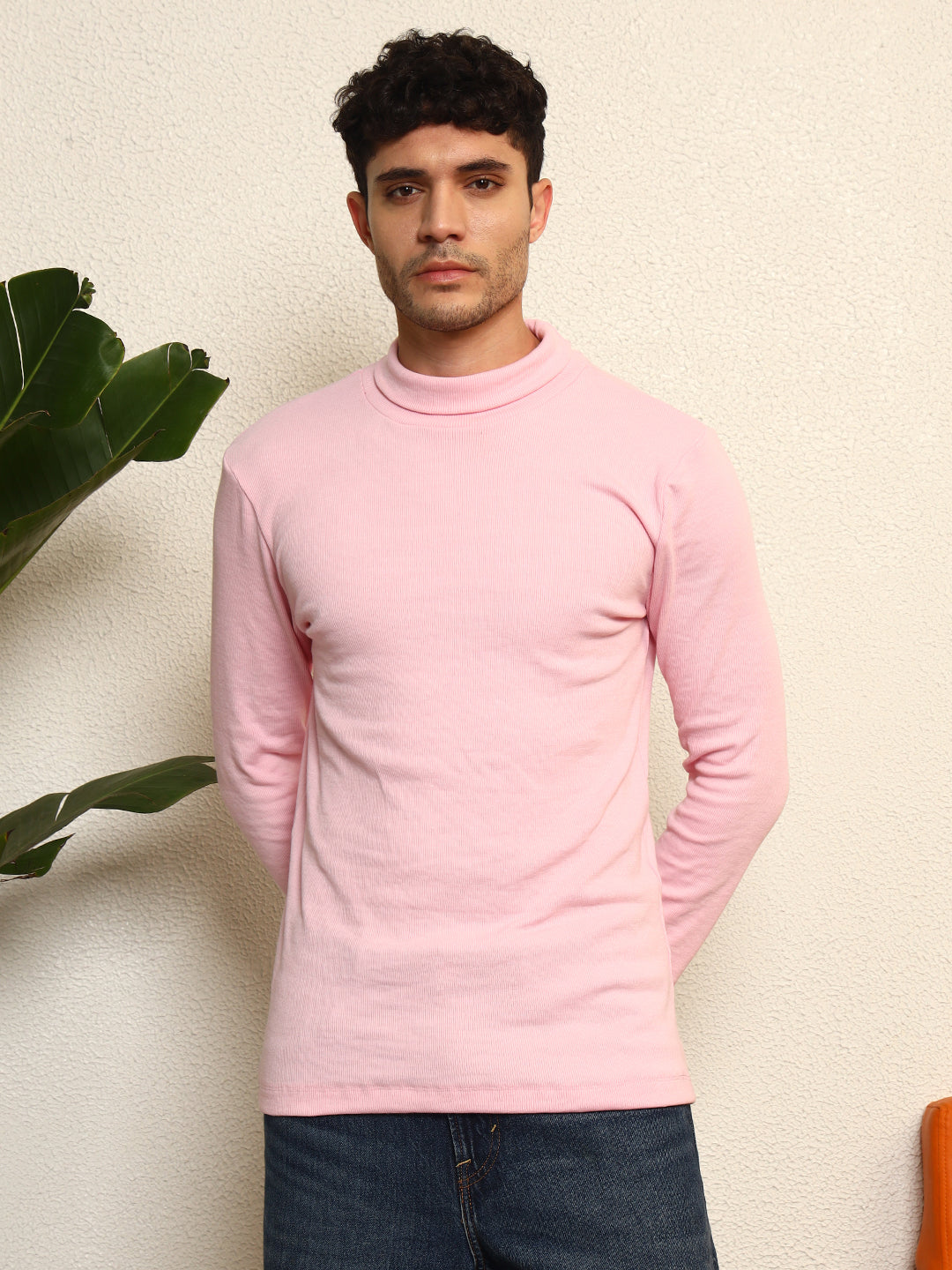 TANDUL  Men Solid Turtle Neck Pink Sweater