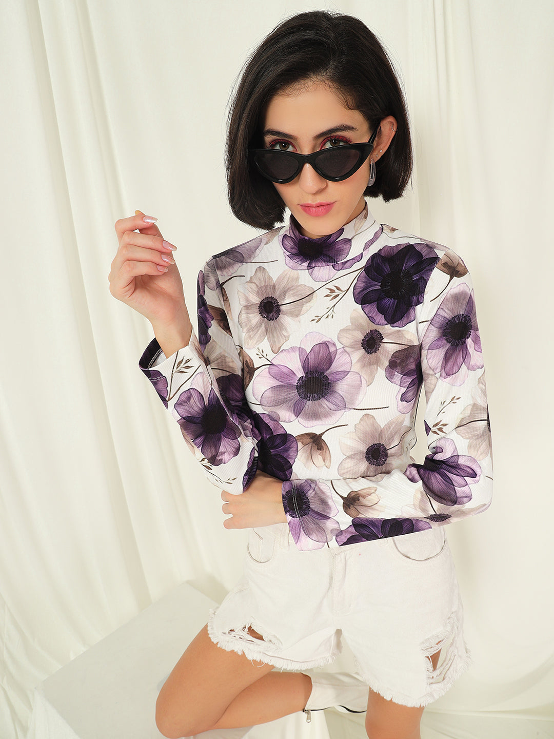 TANDUL  Women Floral Print High Neck White Sweater