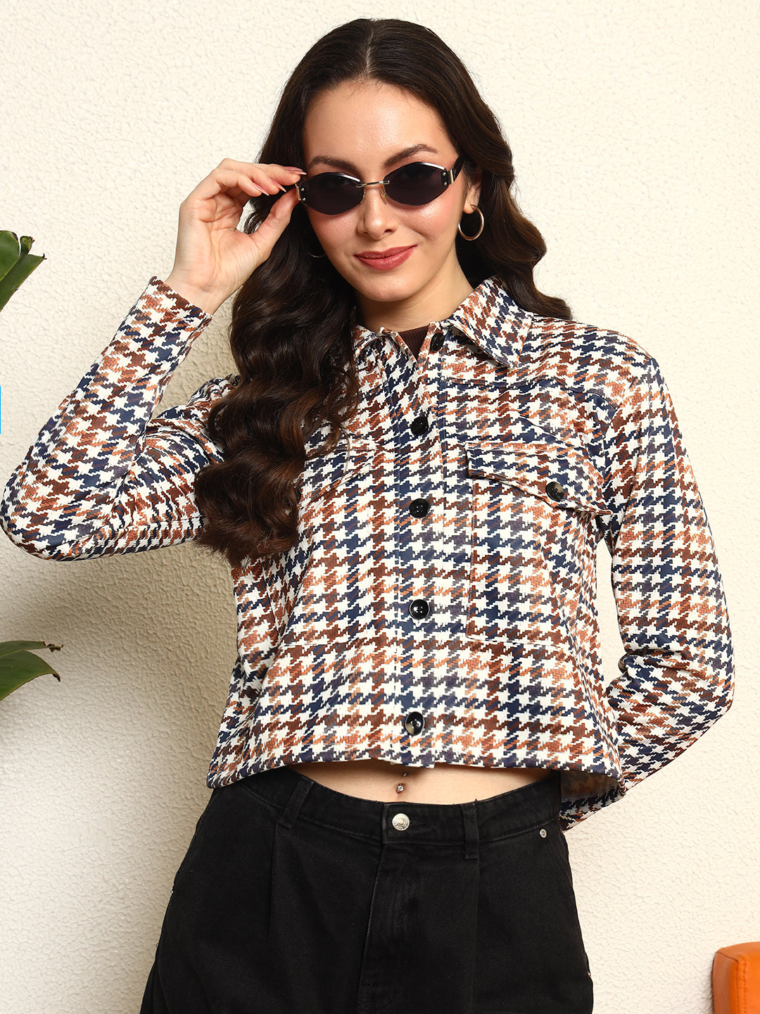 TANDUL Women Houndstooth Fleece Jacket