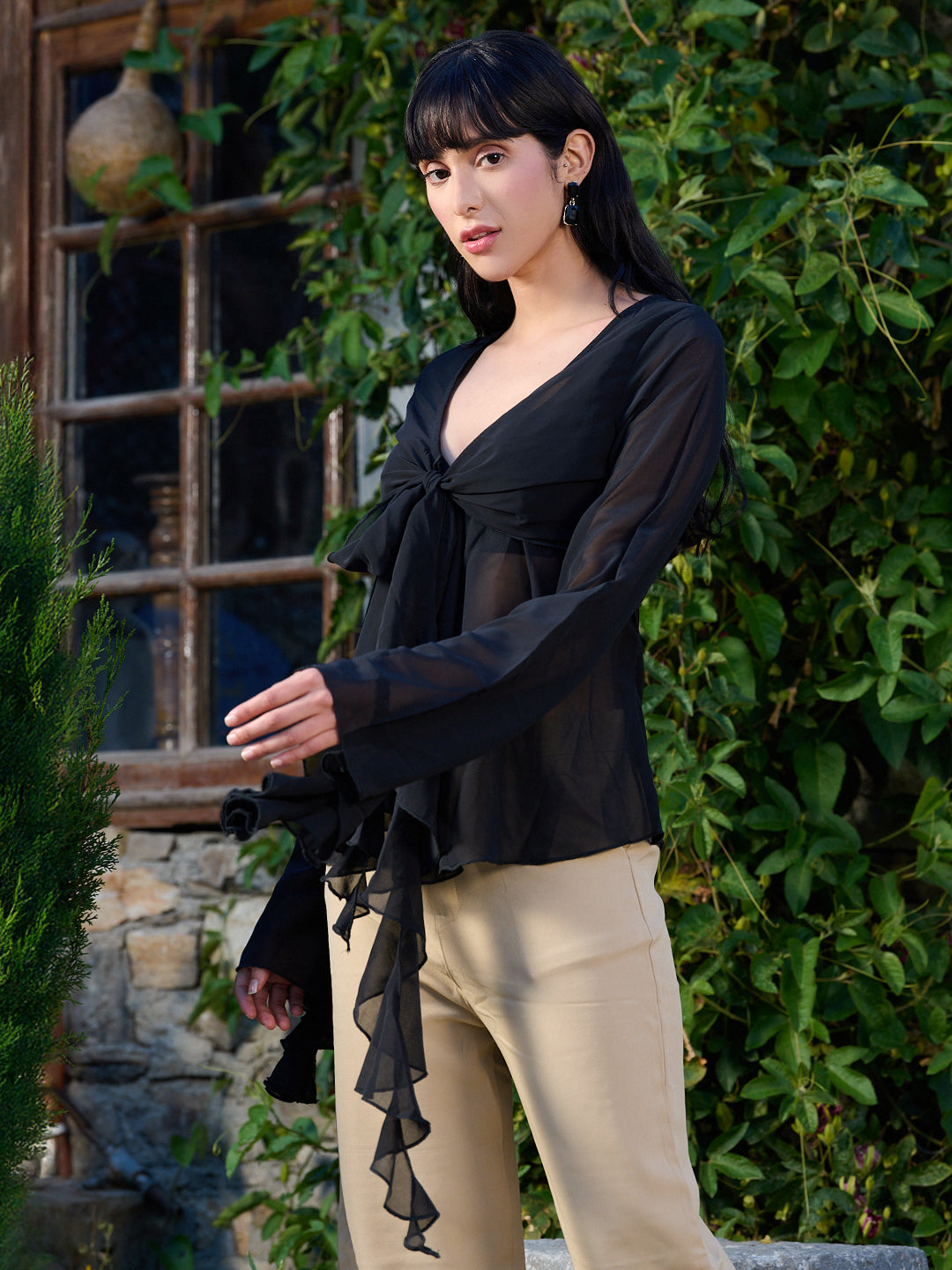 TANDUL Elegant Black Ruffled Top