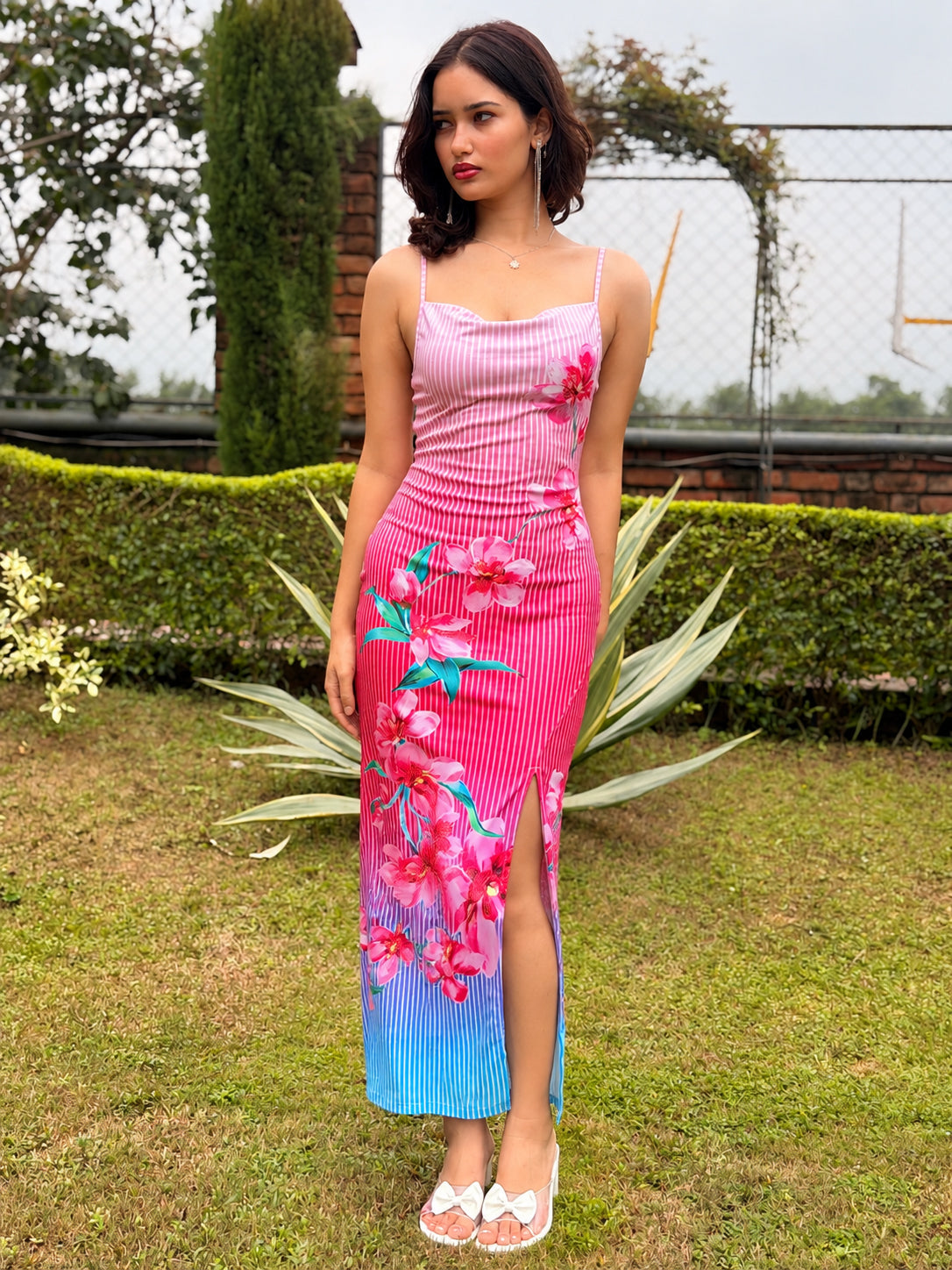 TANDUL Women Pink Stripe Cowl Neck Maxi Dress