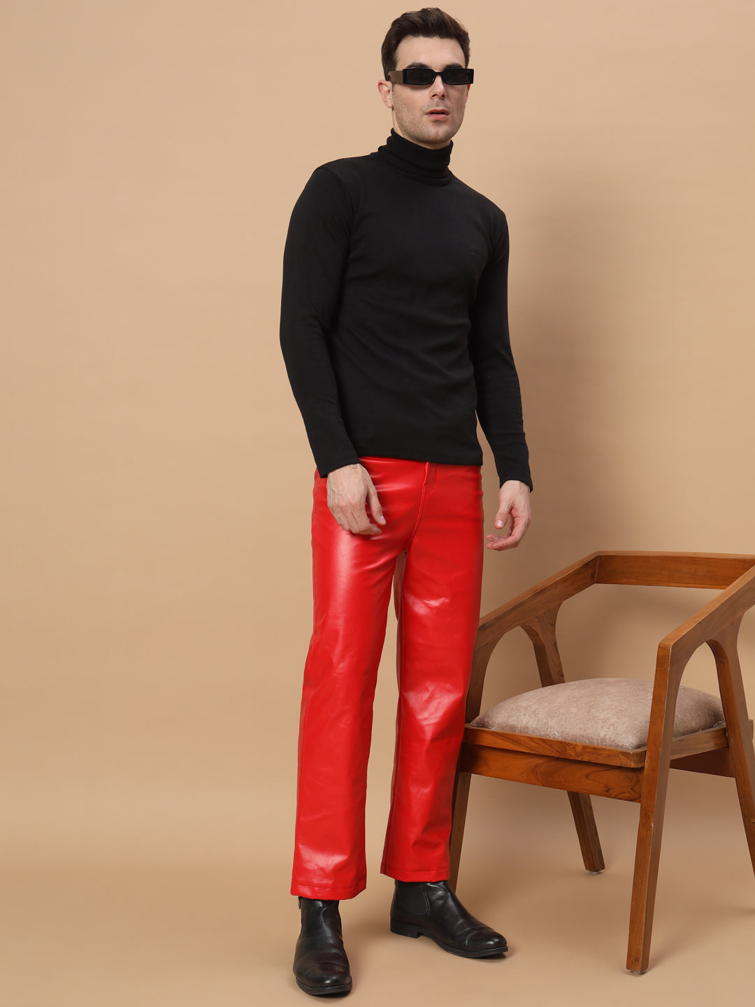 TANDUL  Men Regular Fit Red Faux Leather Trousers