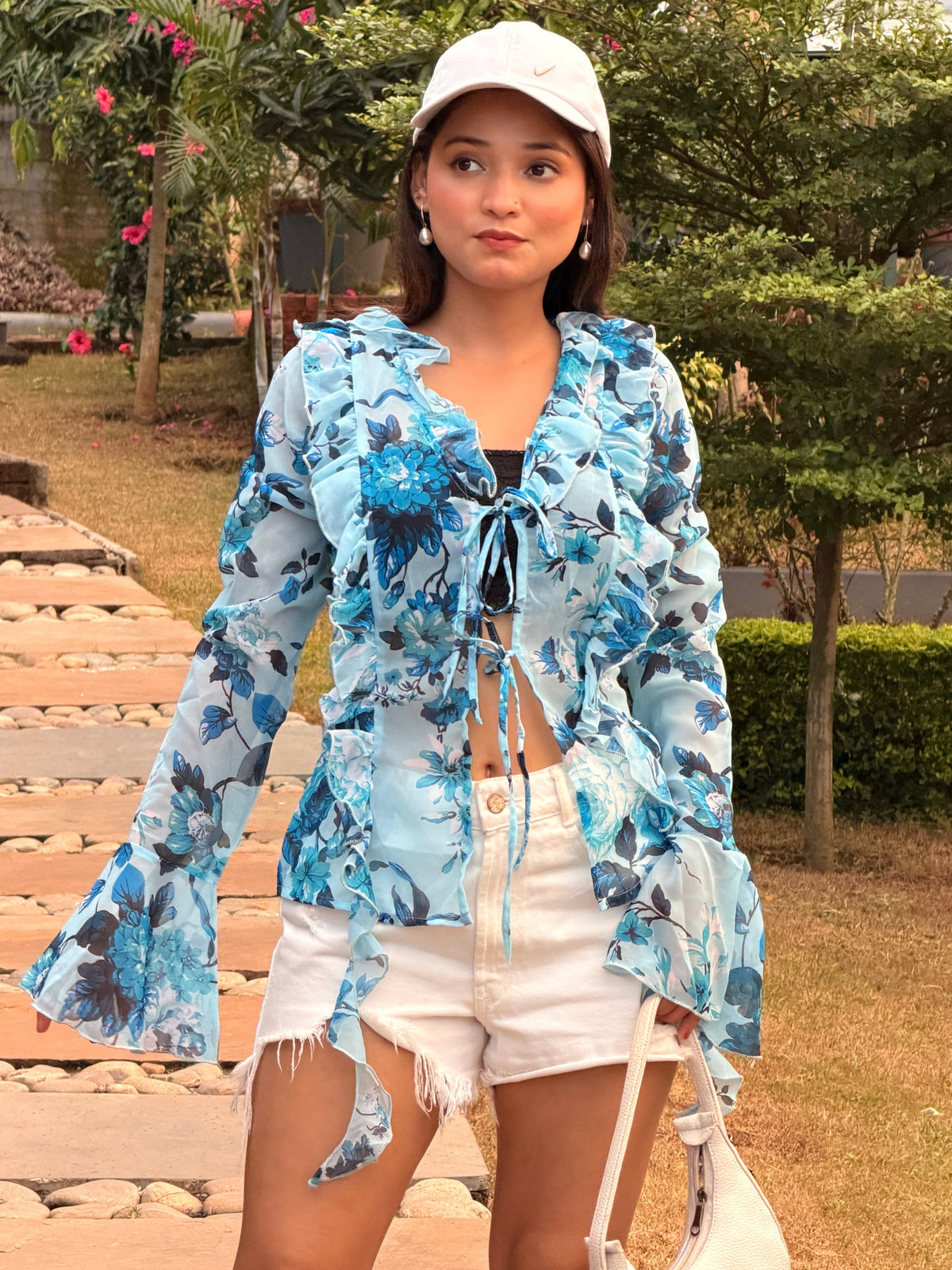 TANDUL Women Charming Floral Printed Sky12blue Georgette Top