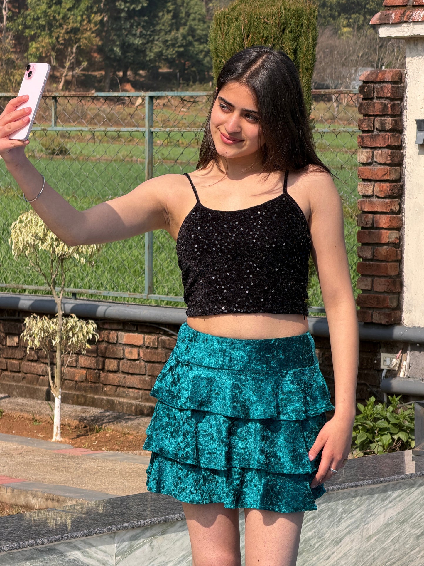 TANDUL Women Exquisite Teal Blue Velvet Skirt