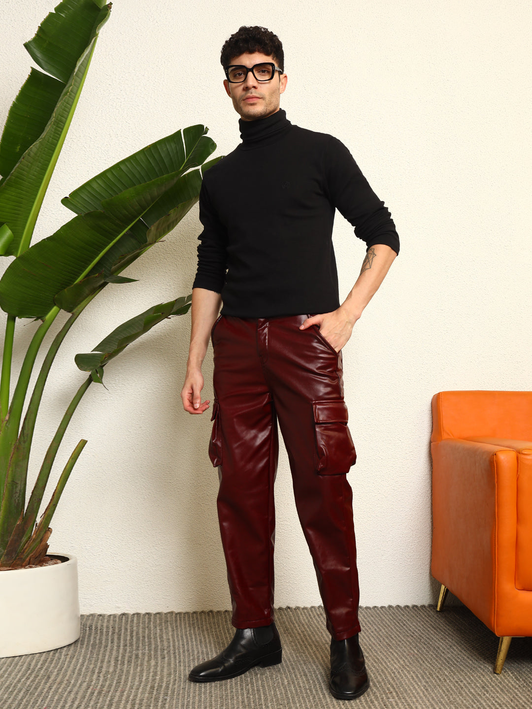TANDUL  Men Regular Fit Maroon Faux Leather Trousers