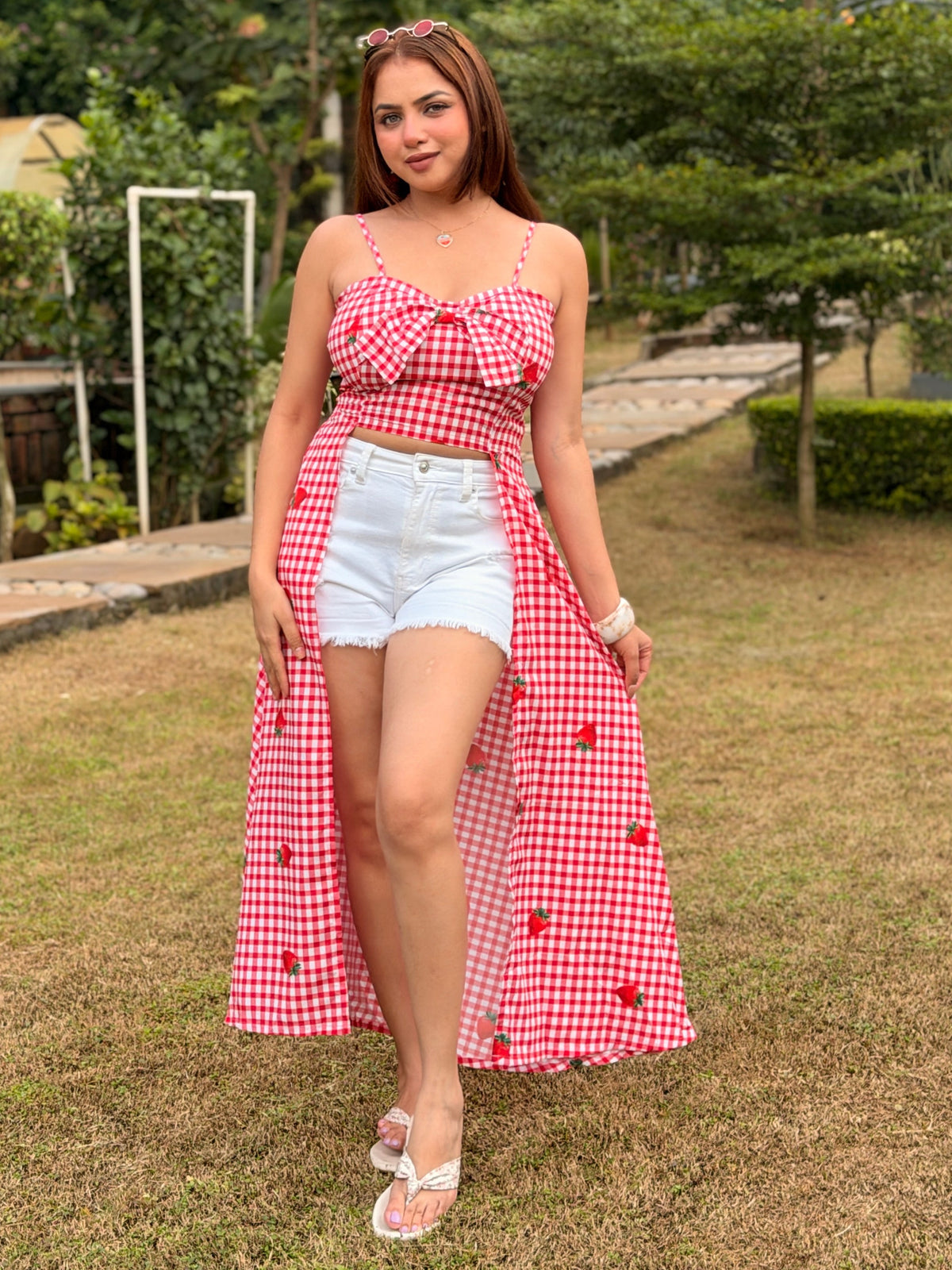 TANDUL Women Red Gingham Strawberry Print Shrug cum Top