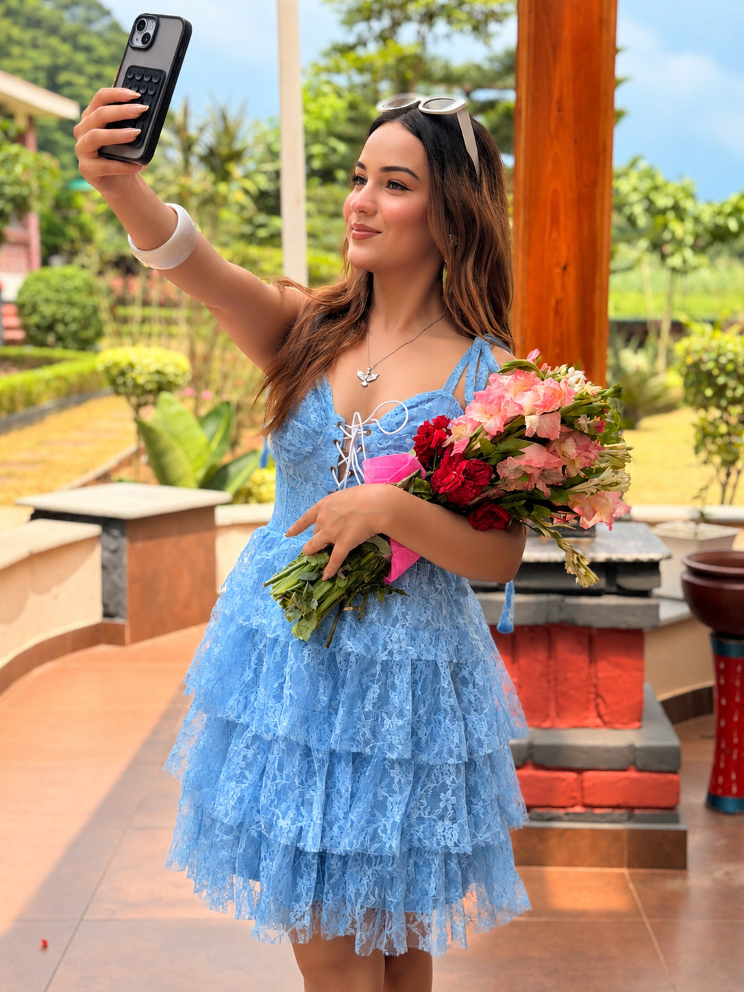 TANDUL Women Elegant Sky Blue Lace Dress
