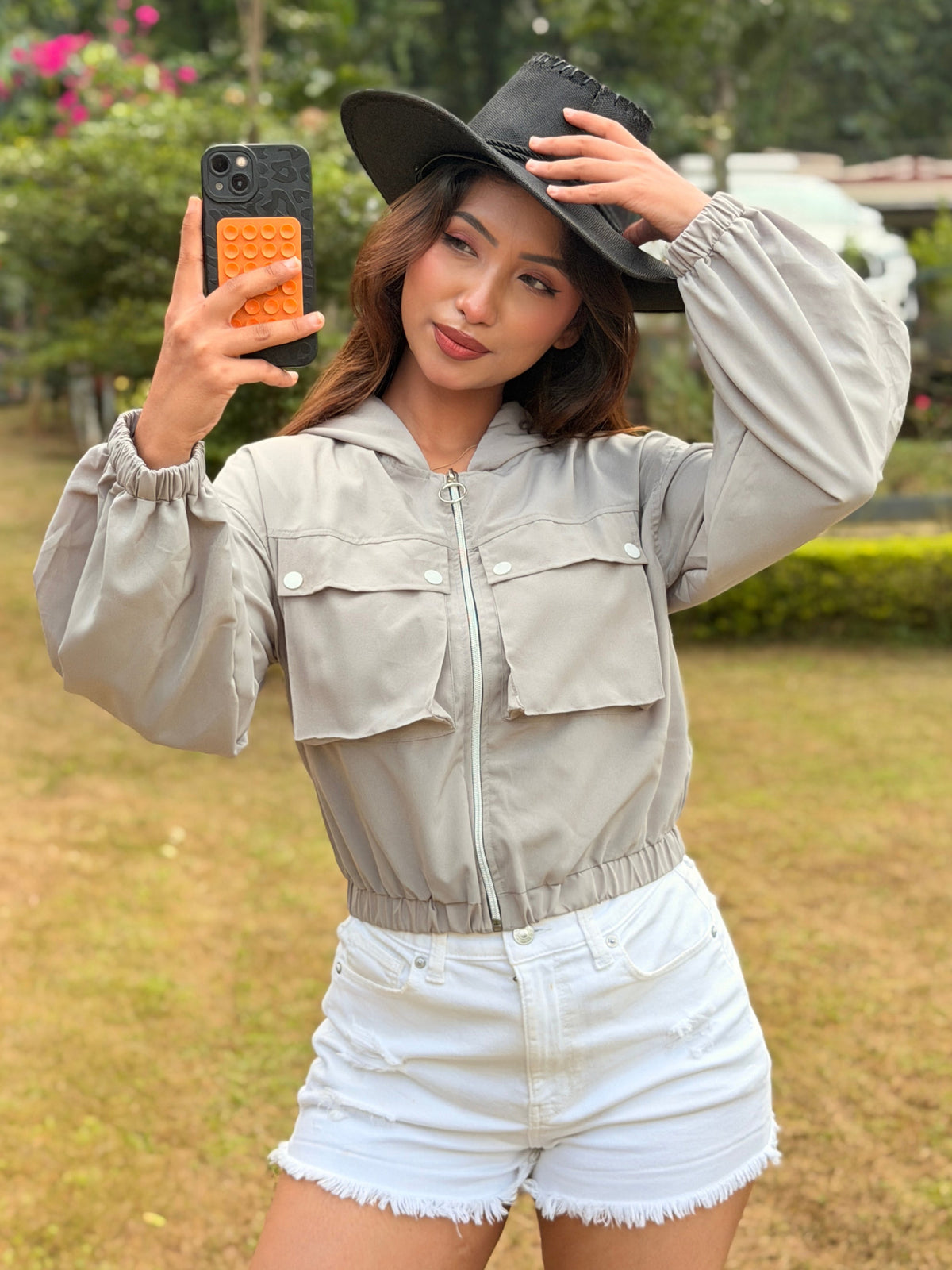 TANDUL Women Grey Cropped Windbreaker Jacket with Hood