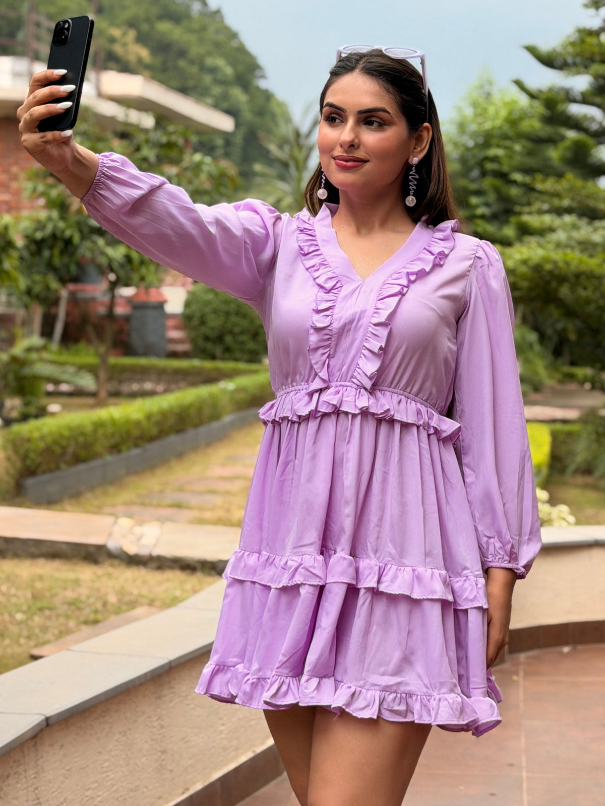 TANDUL Women Lilac Tiered Frill Babydoll Mini Dress