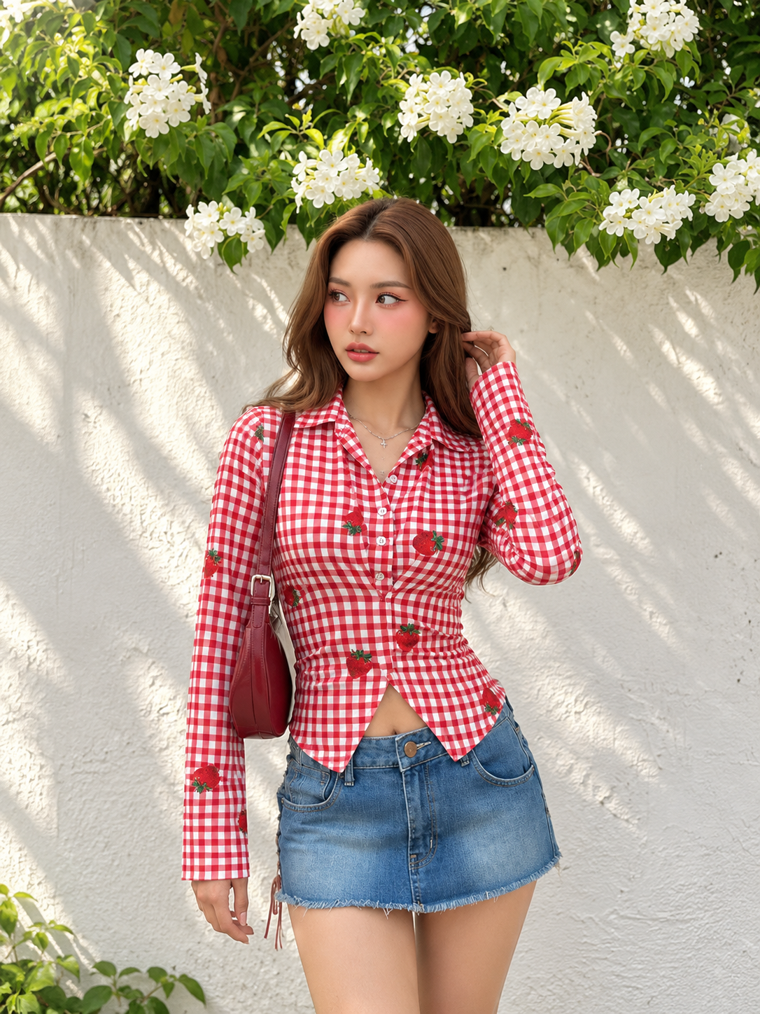 TANDUL Women Red Gingham Strawberry Print Button-Down Shirt