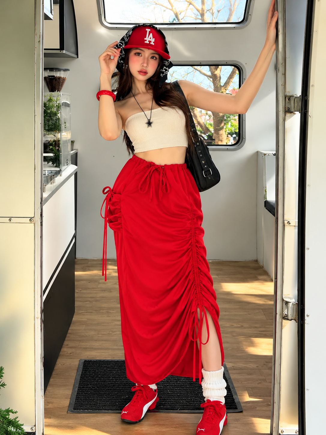 TANDUL Women Red Drawstring Ruched Maxi Cargo Skirt