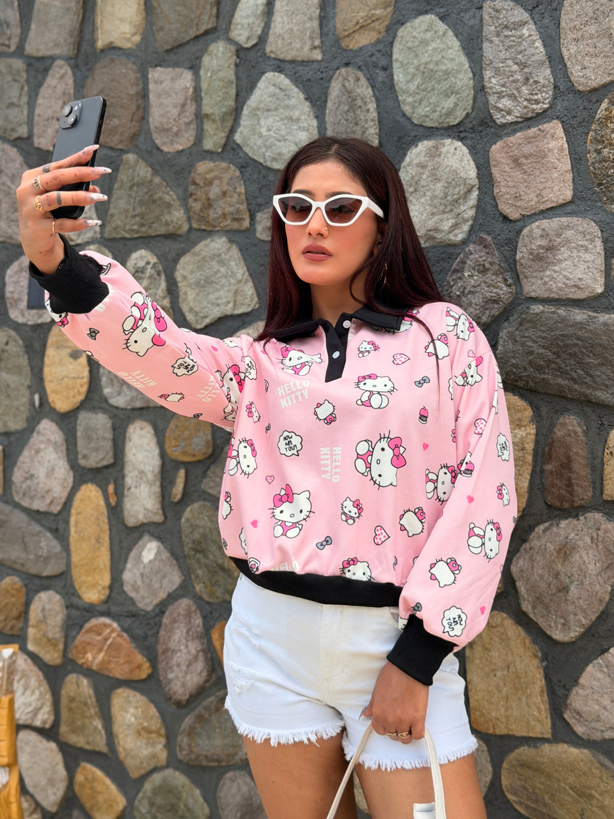 TANDUL Women Pink Hello Kitty Print Polo Sweatshirt